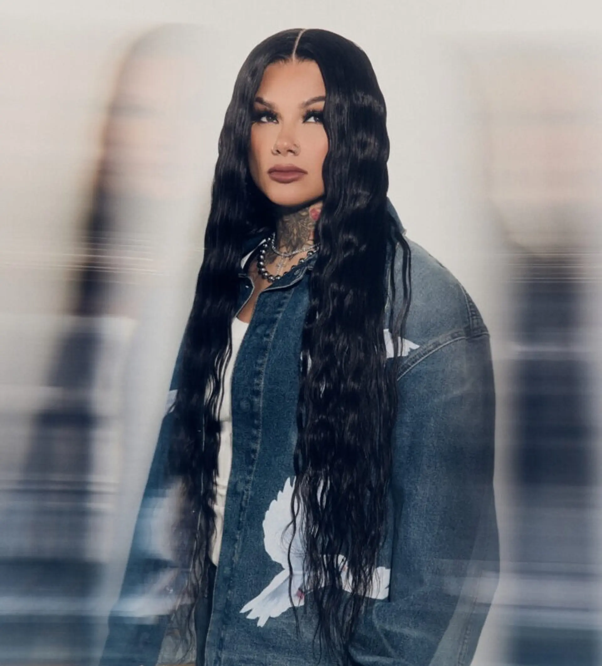 Extra-long jet-black hair styled with deep, defined mermaid waves and a sharp center part. 1