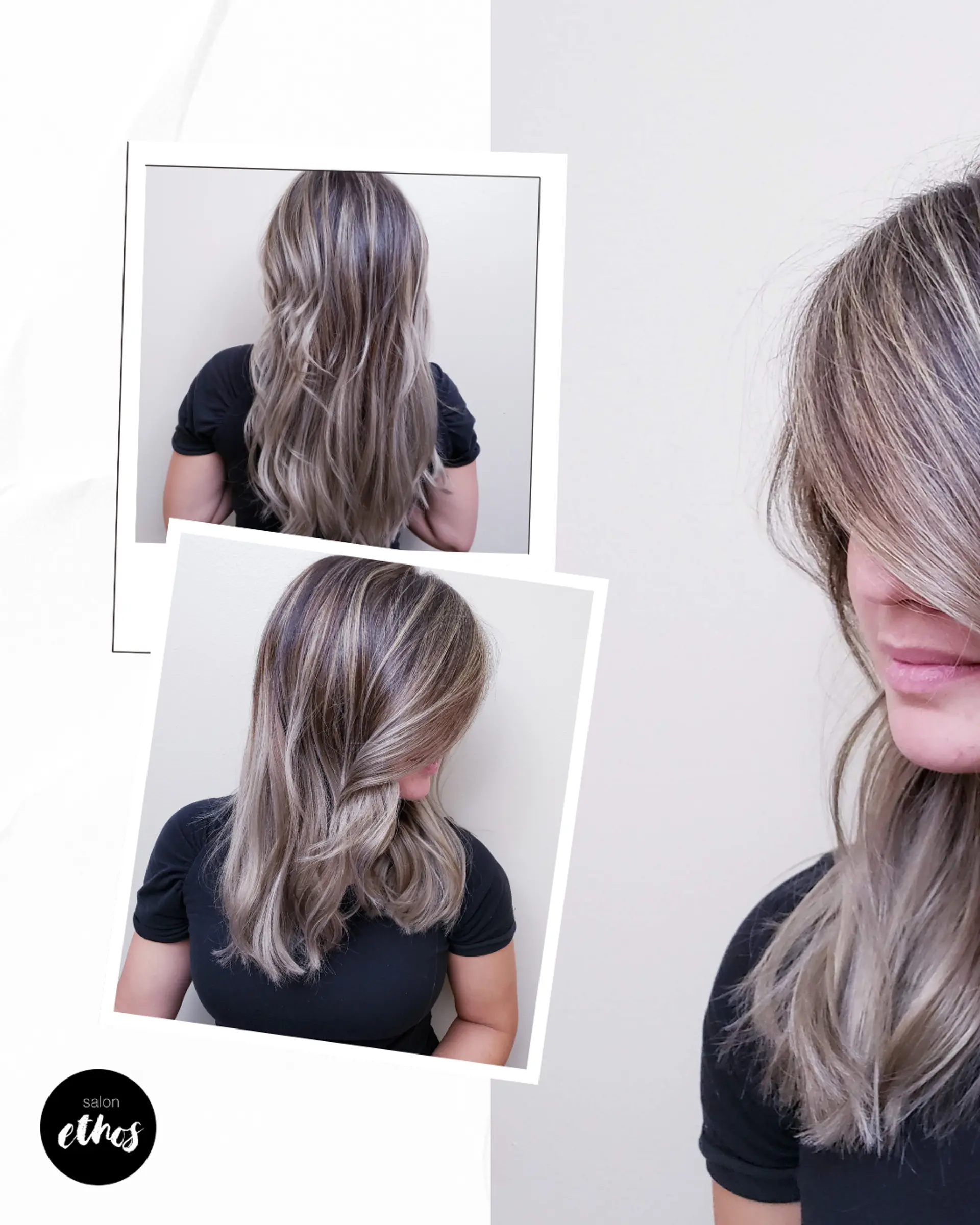 Long wavy hair with a balayage technique, transitioning from dark roots to icy blonde ends. 1
