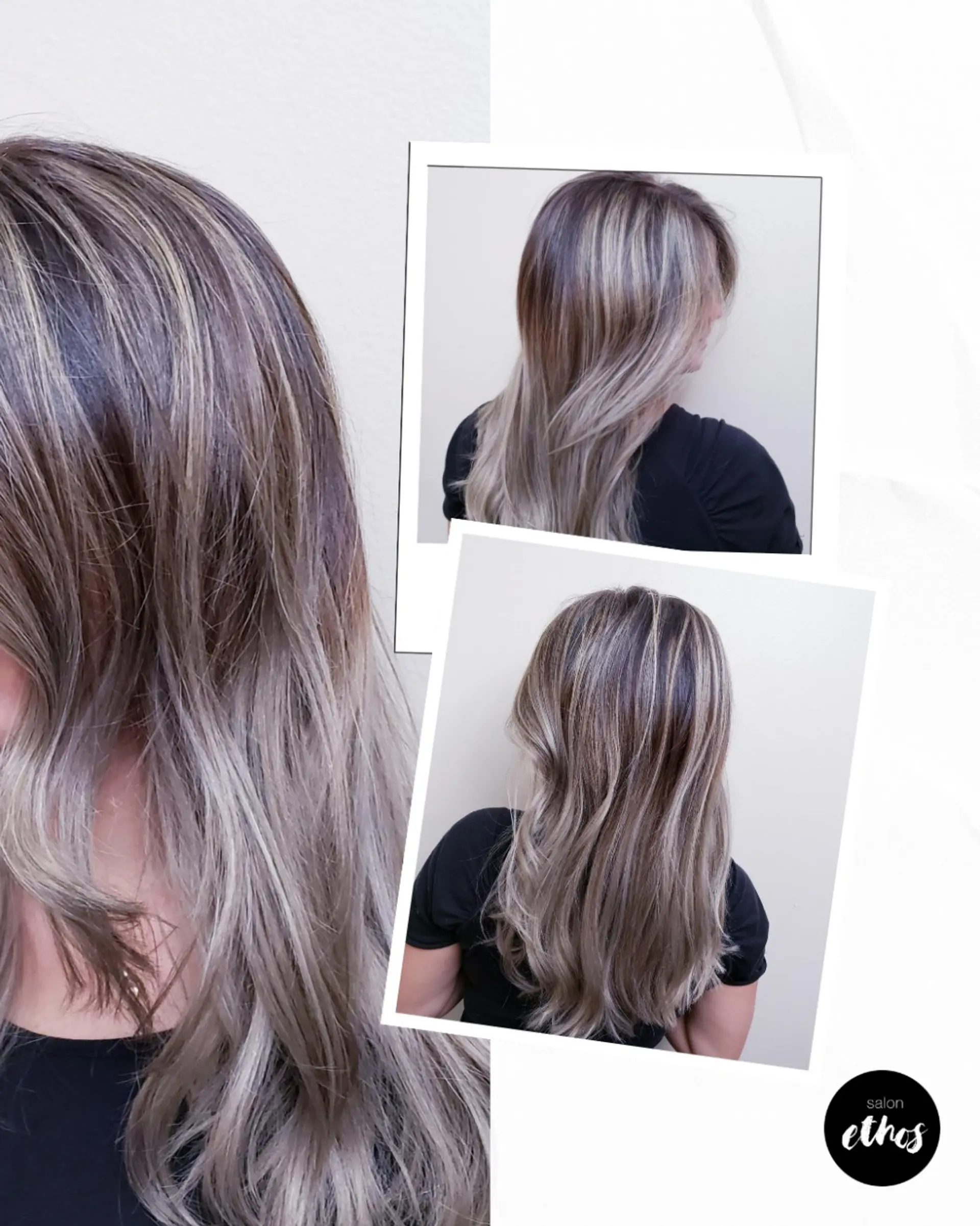 Long wavy hair with a balayage technique, transitioning from dark roots to icy blonde ends. 2