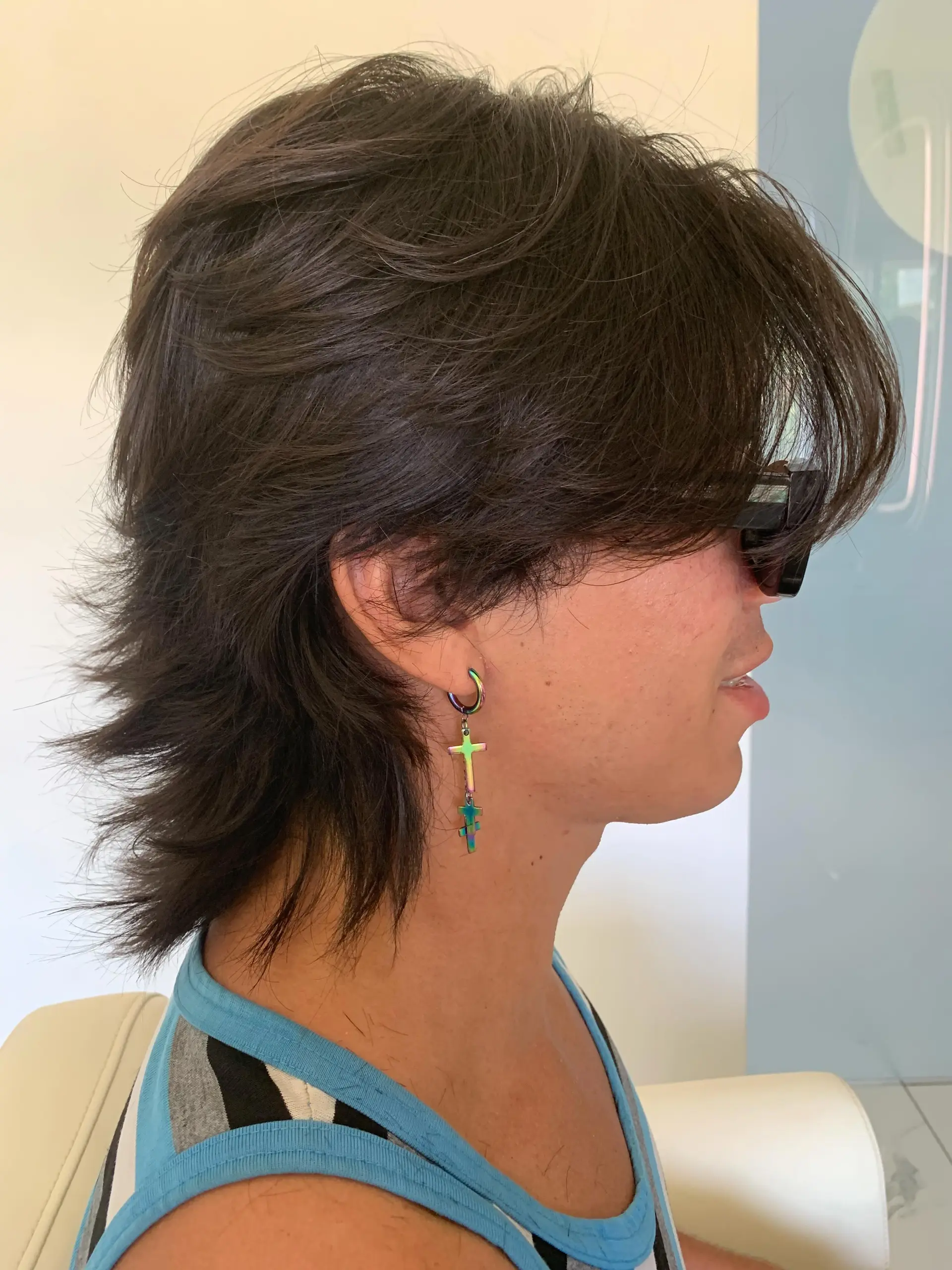 A layered dark brown wolf cut with textured bangs and feathered ends at the nape. 1