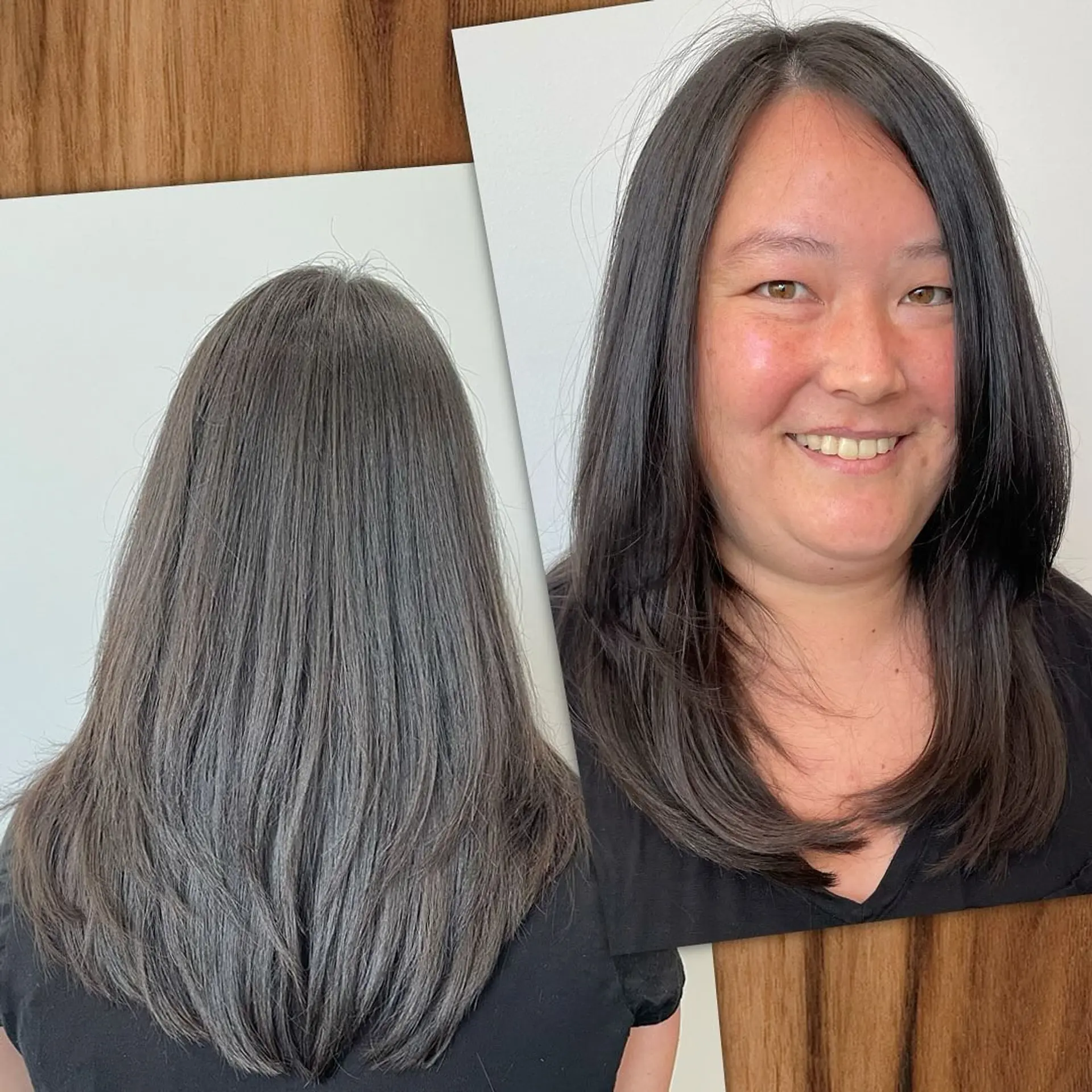 A long layered haircut featuring smooth face-framing pieces and a tapered V-shaped perimeter at the back. 1