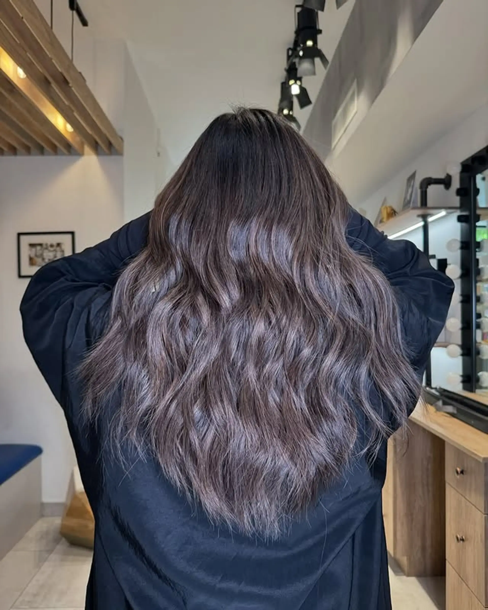 Long, wavy hair with a mushroom brown balayage. 1