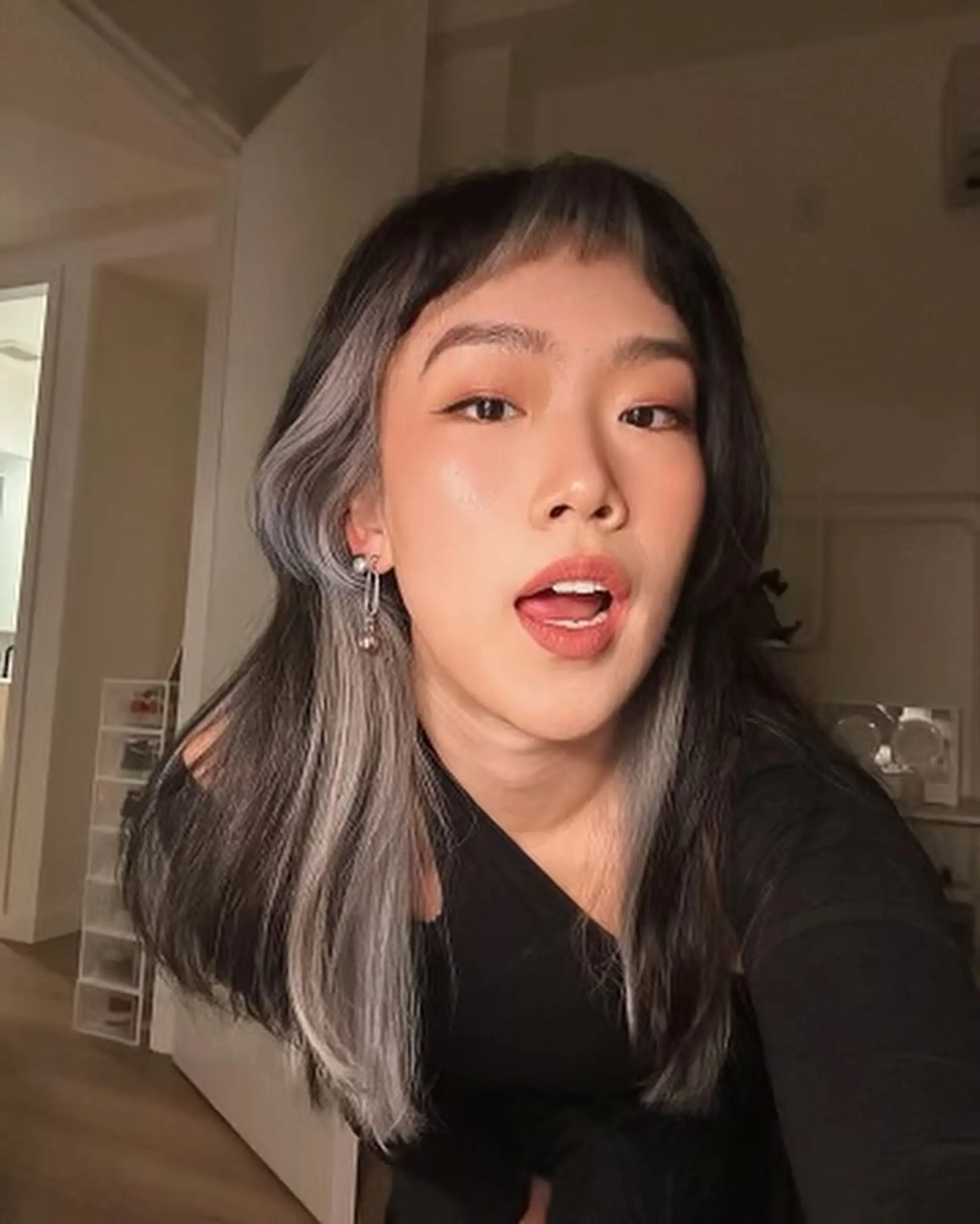 A medium length, dual-tone hairstyle with straight texture and ash gray highlights, featuring a micro fringe and layered cut.