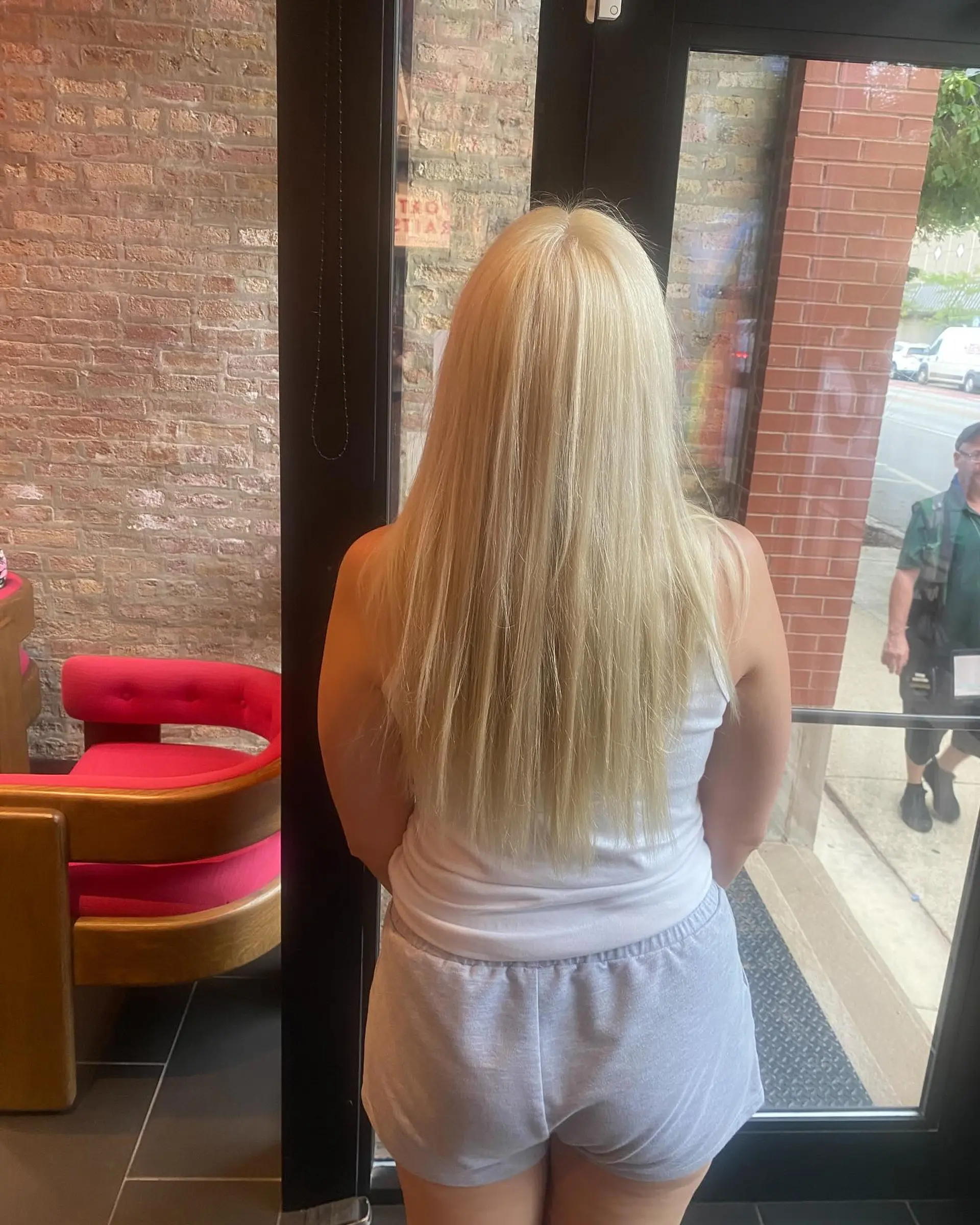 Long, straight hair with a platinum blonde color. 1