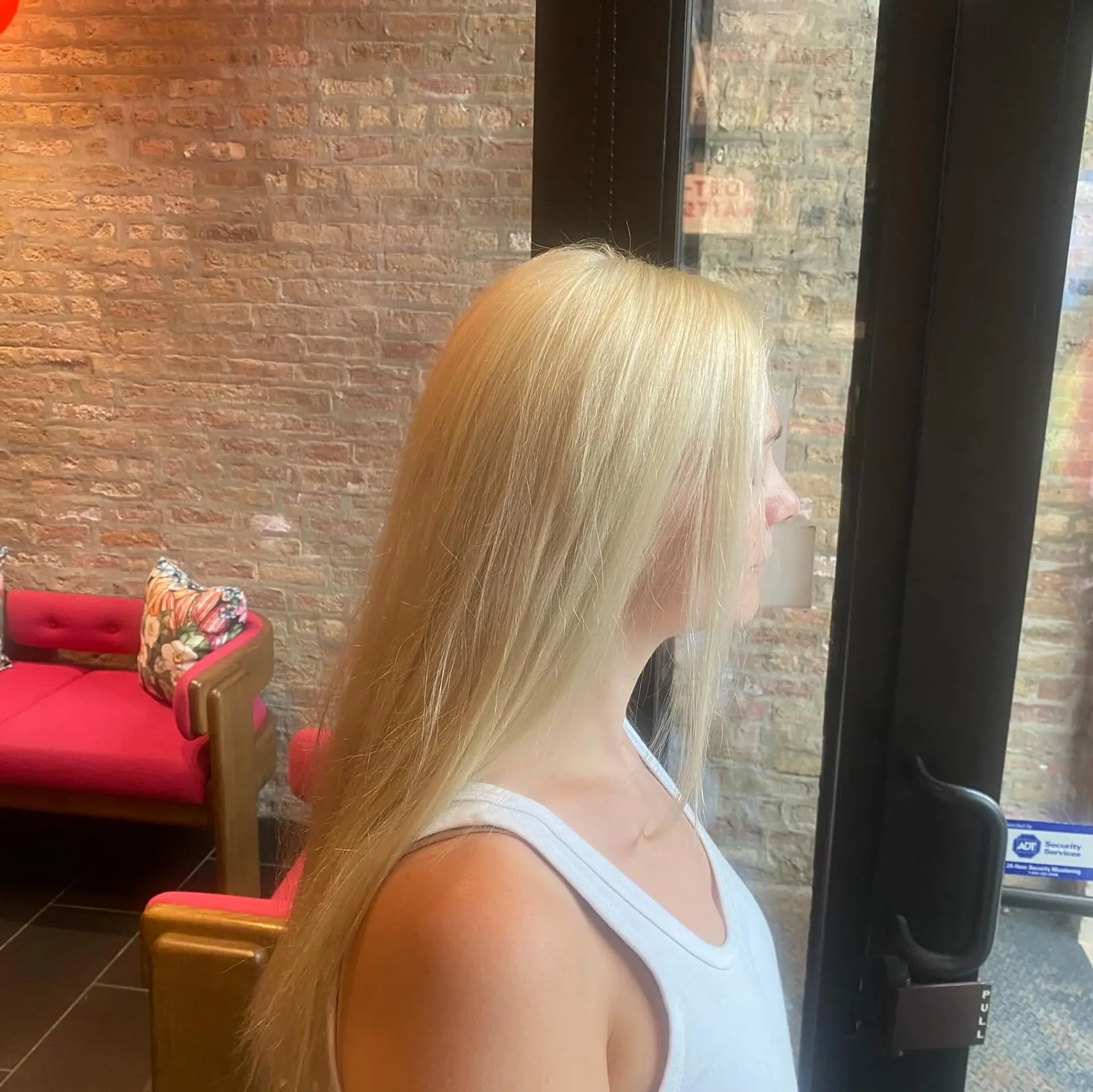 Long, straight hair with a platinum blonde color. 2