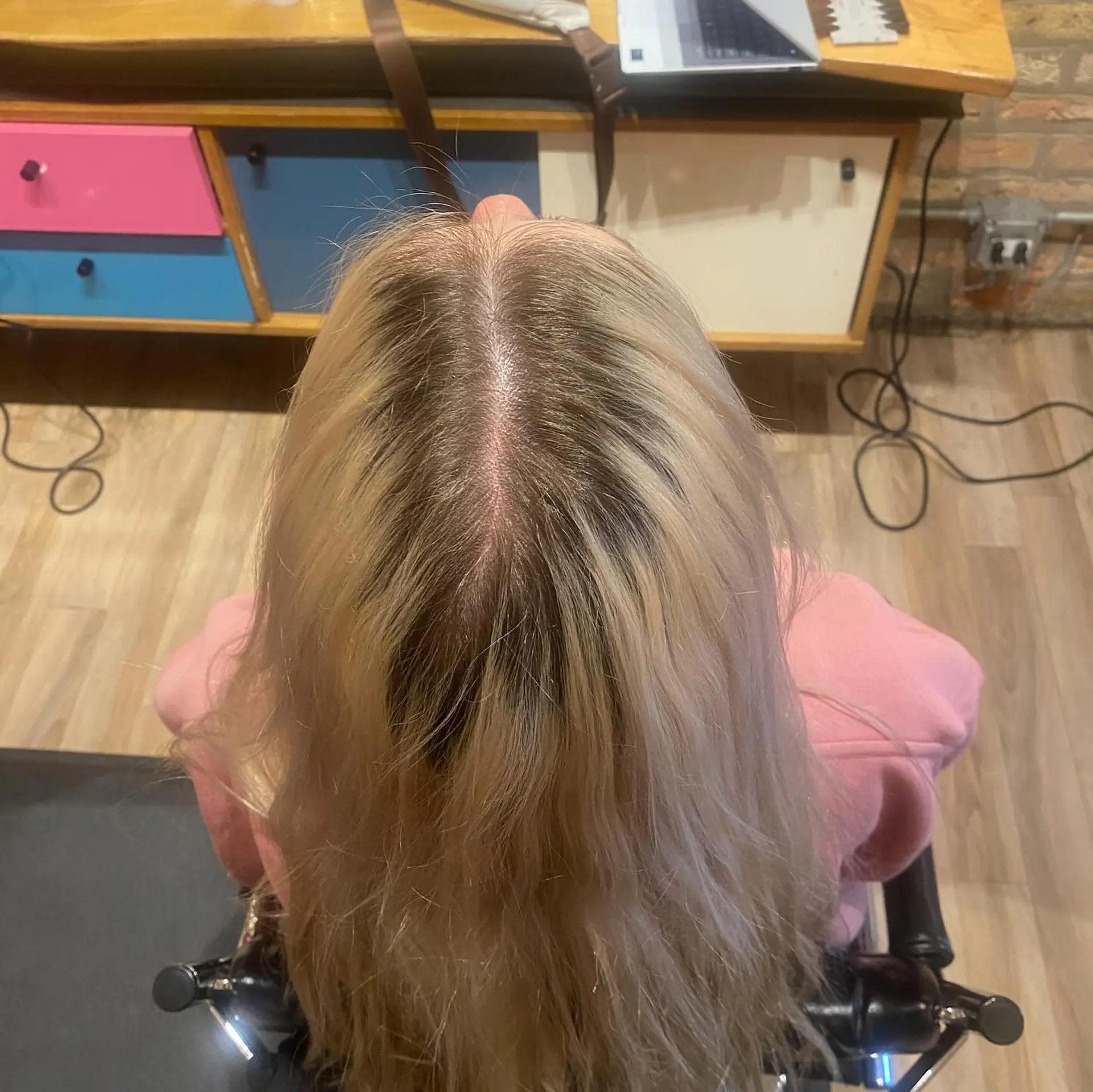 Long, straight hair with a platinum blonde color. 3