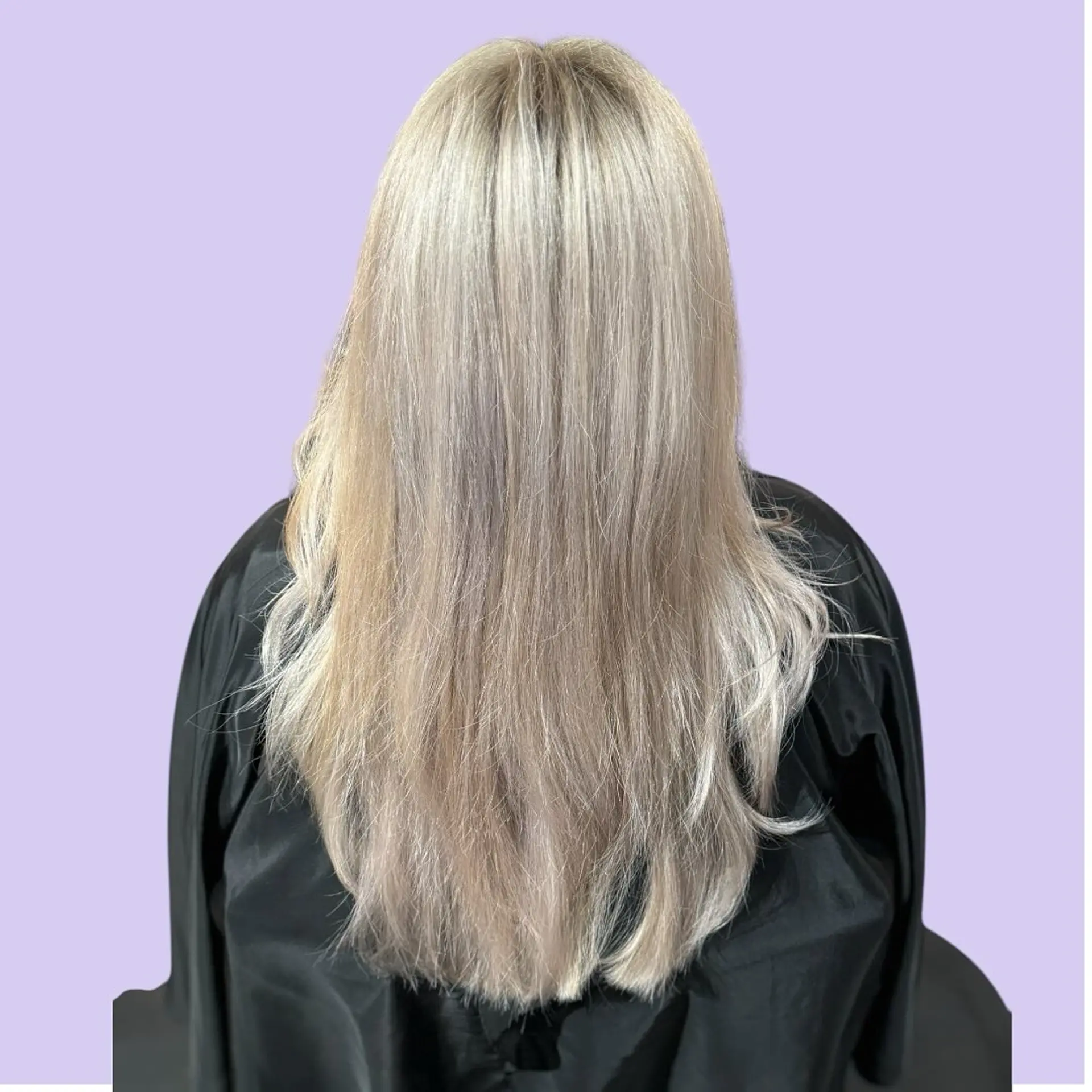 Long, straight platinum blonde hair with cool ash tones, viewed from behind. 1