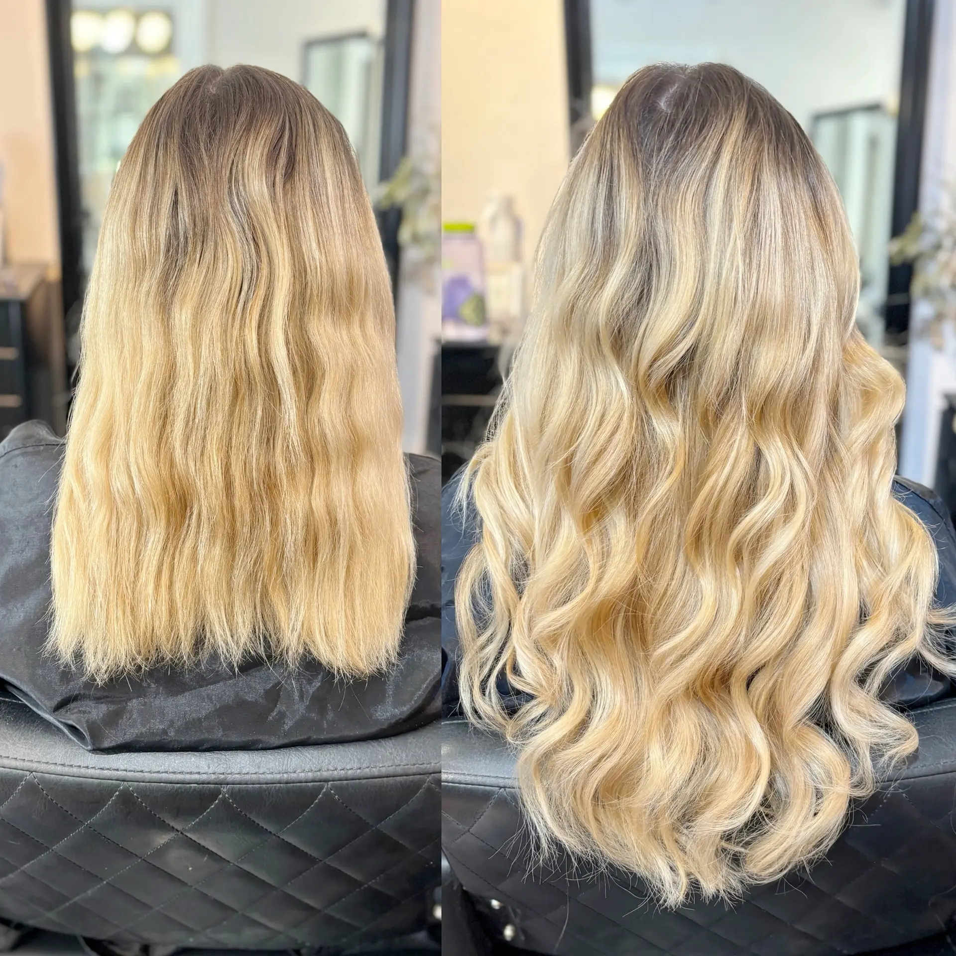 A before-and-after hair transformation featuring seamless length-adding extensions blended into dimensional blonde locks styled in loose, cascading waves. 1