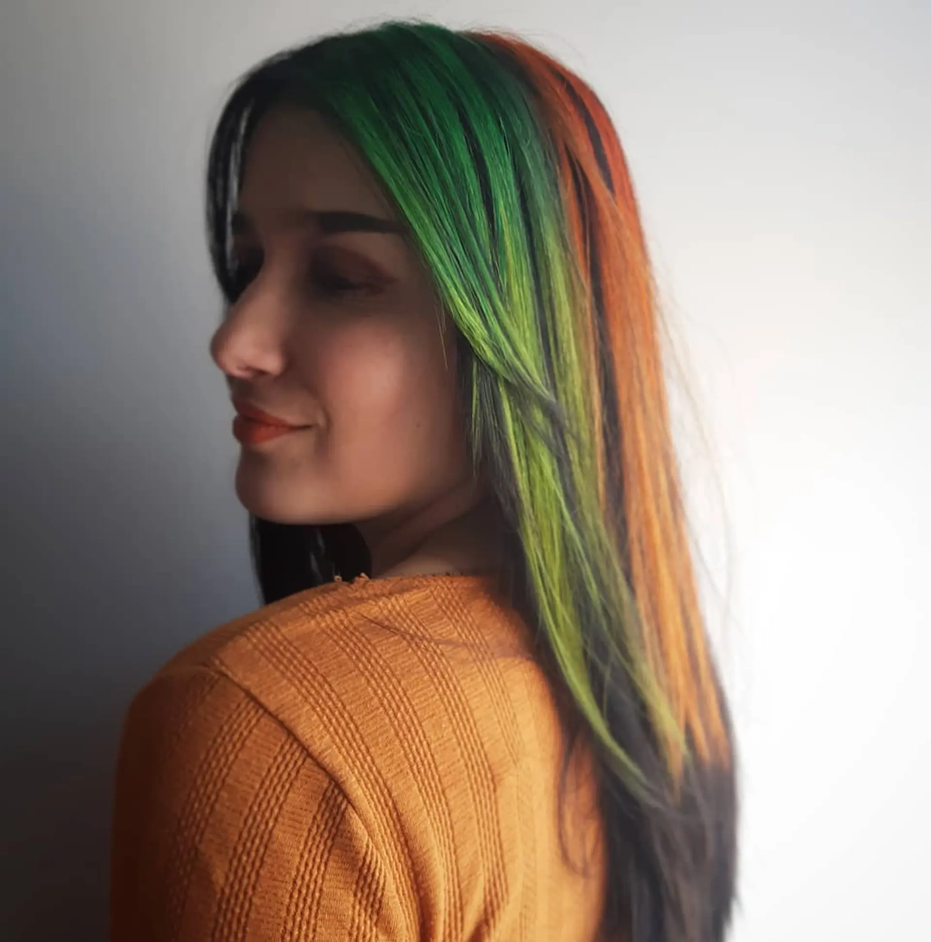 Long straight hair with rainbow-colored streaks and layered ends. 1
