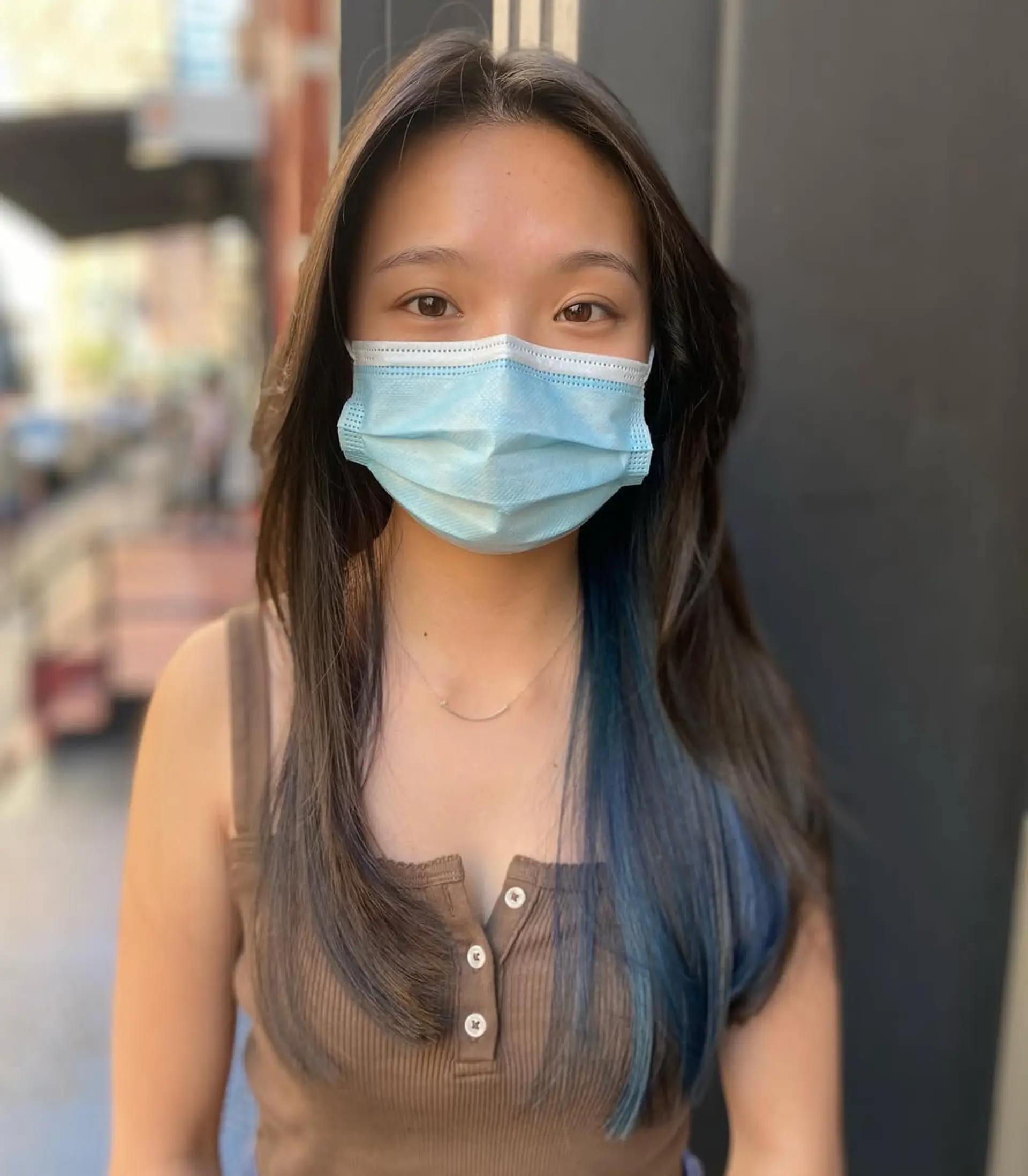 Long, straight black hair with blue ombre effect and face-framing layers.

Color by Kaori. Cut by Taka 1