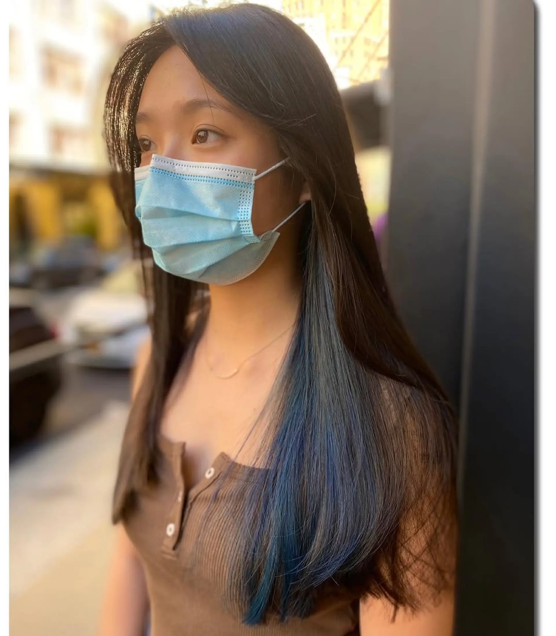 Long, straight black hair with blue ombre effect and face-framing layers.

Color by Kaori. Cut by Taka 2