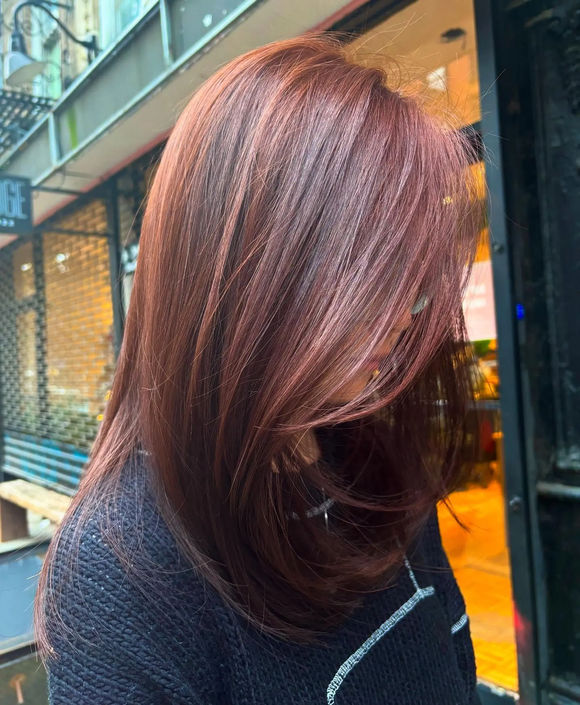 Medium-length layered cut styled in a smooth blowout featuring a warm copper-brown tone with face-framing layers. 1