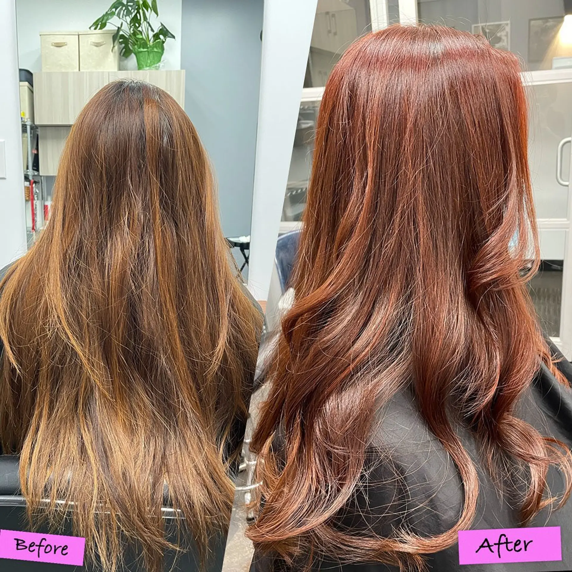 A vibrant and shiny copper color transformation with layered ends styled in soft, loose waves. 1