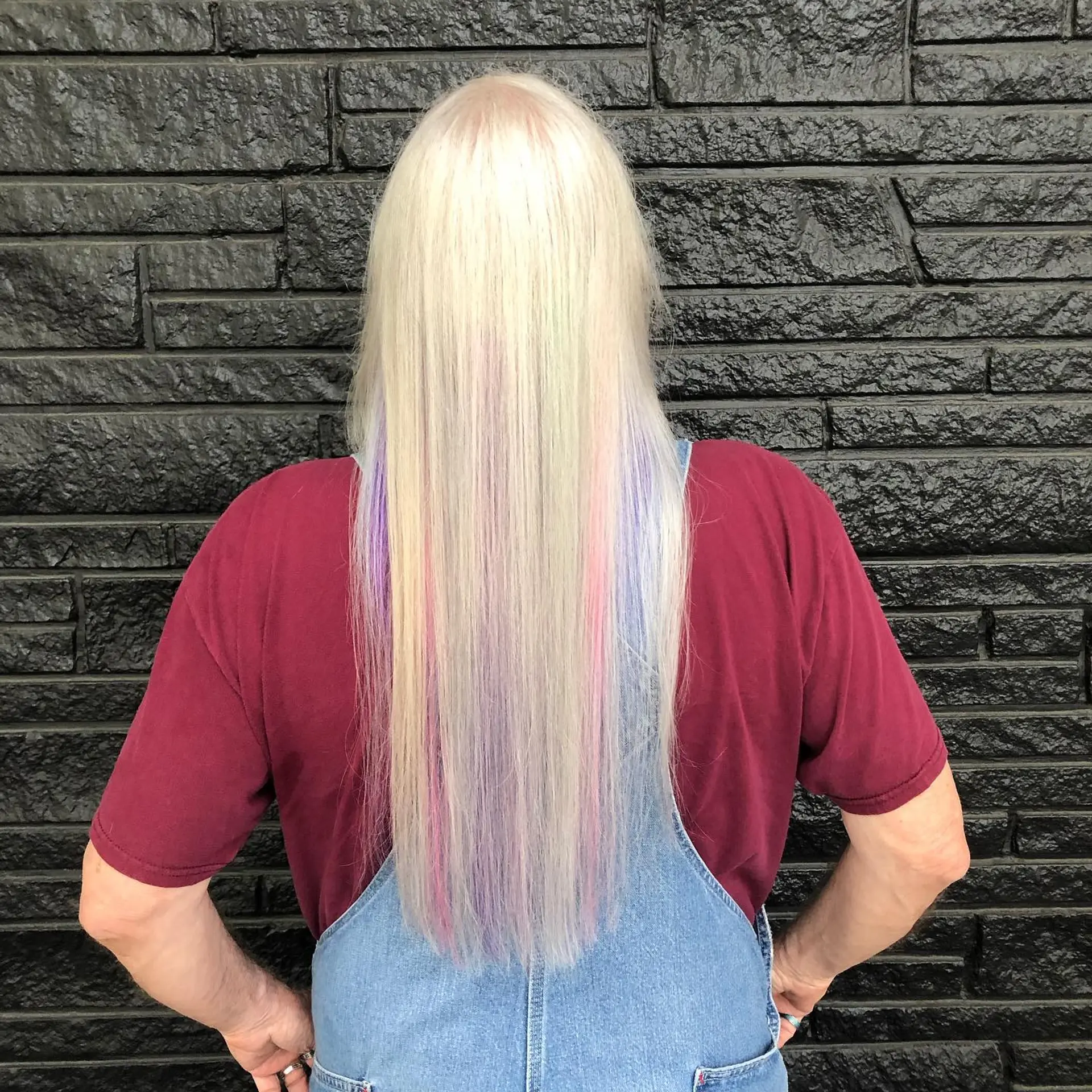 Straight, waist-length platinum blonde hair featuring hidden pastel highlights peeking through from the underneath layers. 1