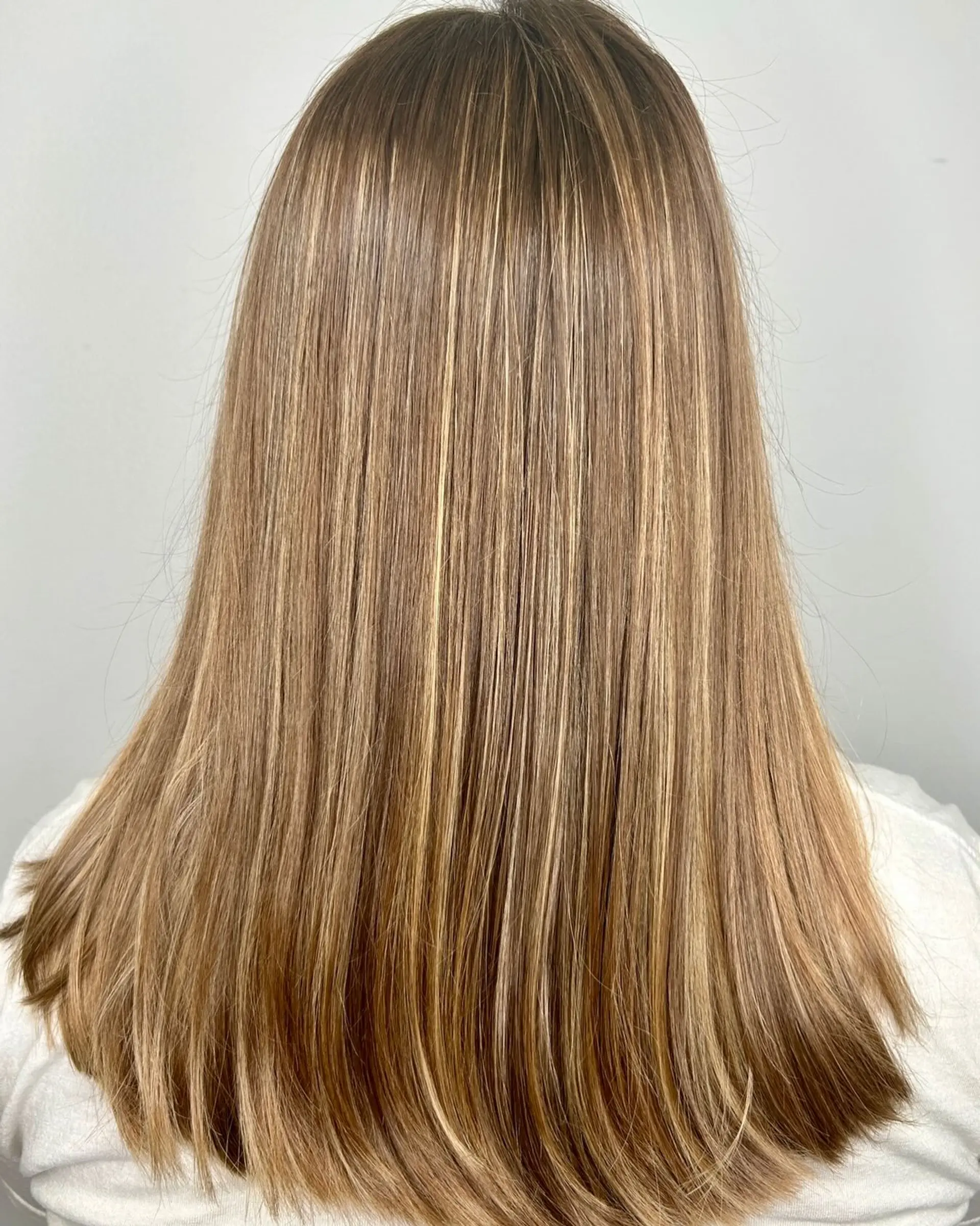 Straight, long hair featuring seamless honey blonde and caramel balayage highlights. 1