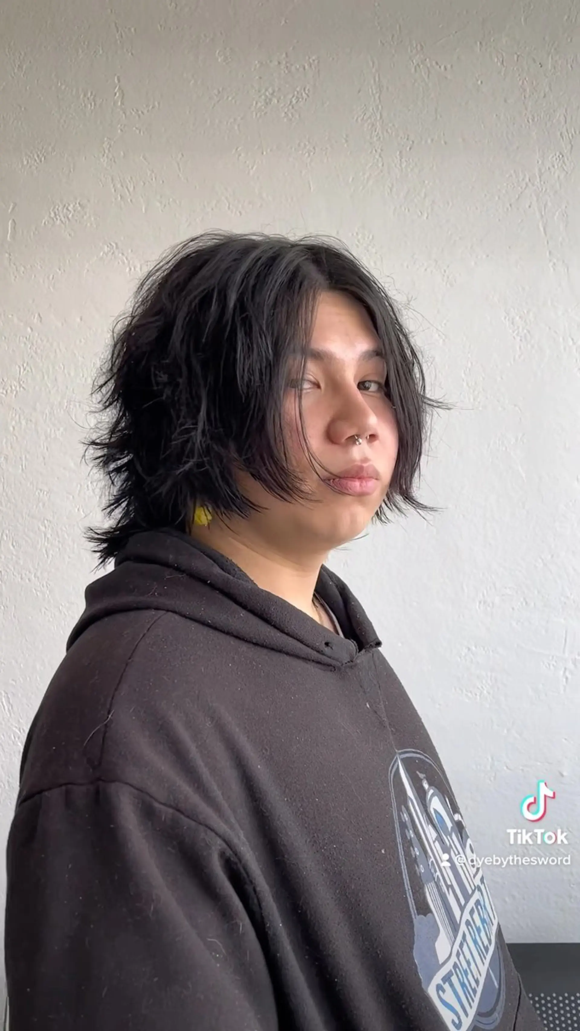 A textured black emo shag cut featuring choppy layers and long face-framing fringe. 1