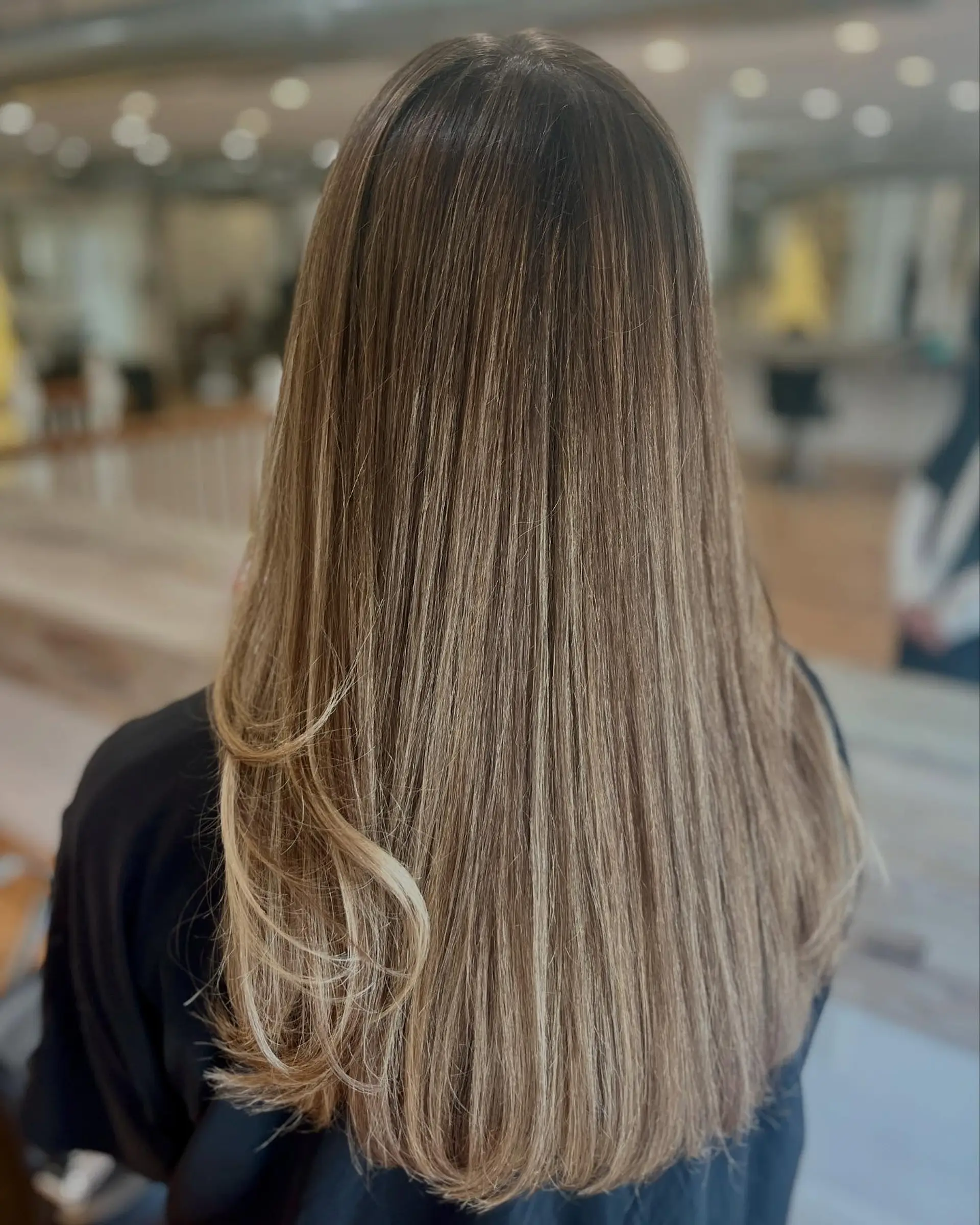 Long, straight layered hair with dimensional highlights. 1