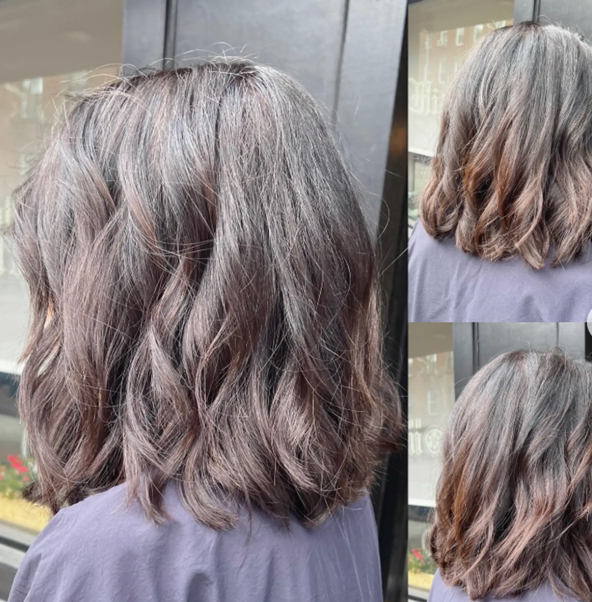 A textured, wavy lob with face-framing layers and a bronde color. 1