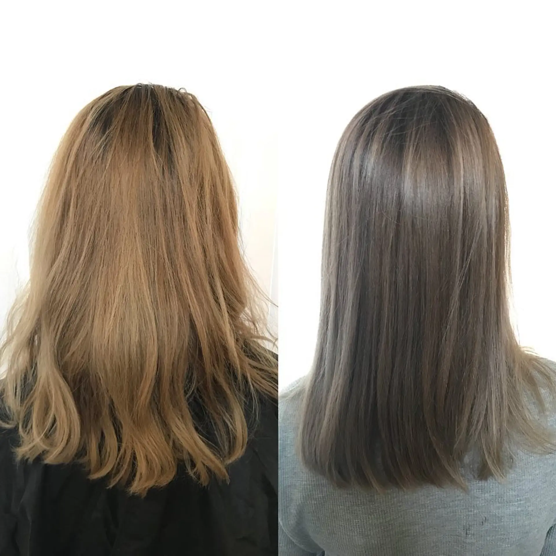 Medium-length straight hair toned to a cool, silvery ash blonde with a subtle root shadow. 1
