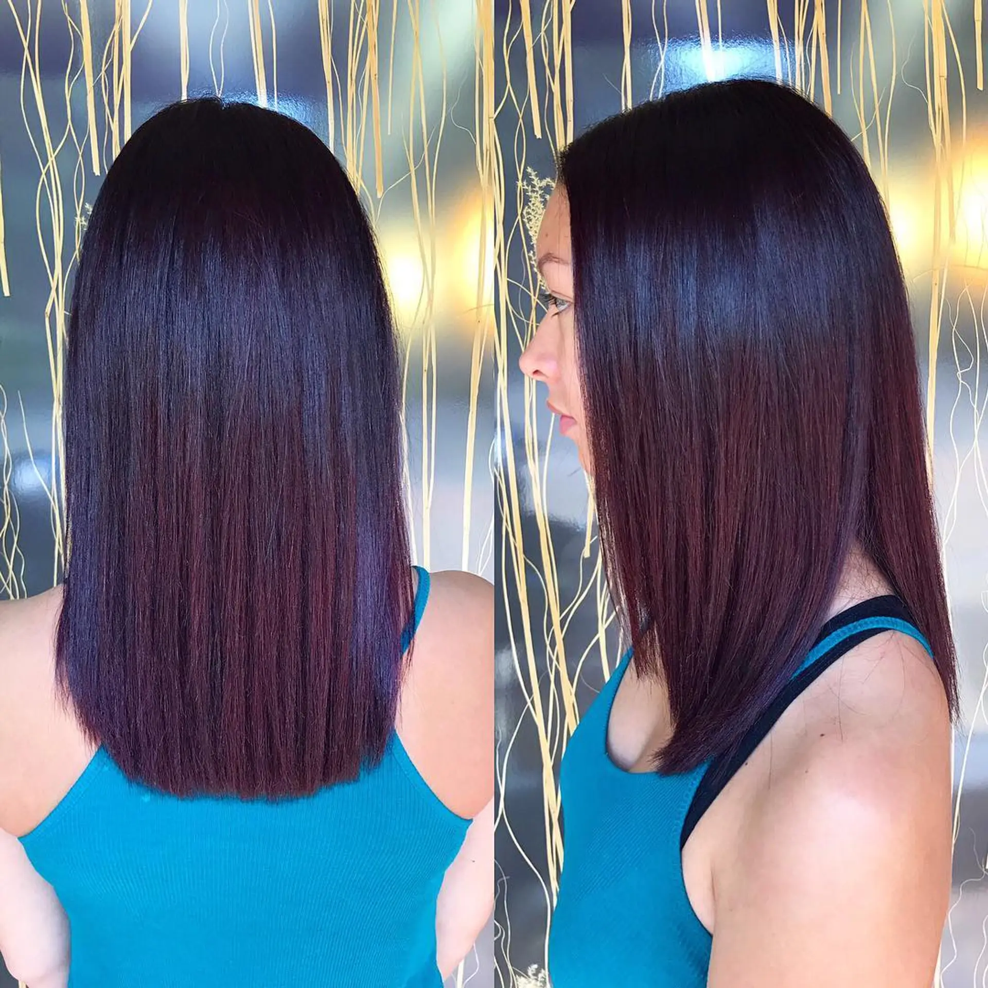 A sleek, straight medium-length blunt cut colored in a deep burgundy shade. 1