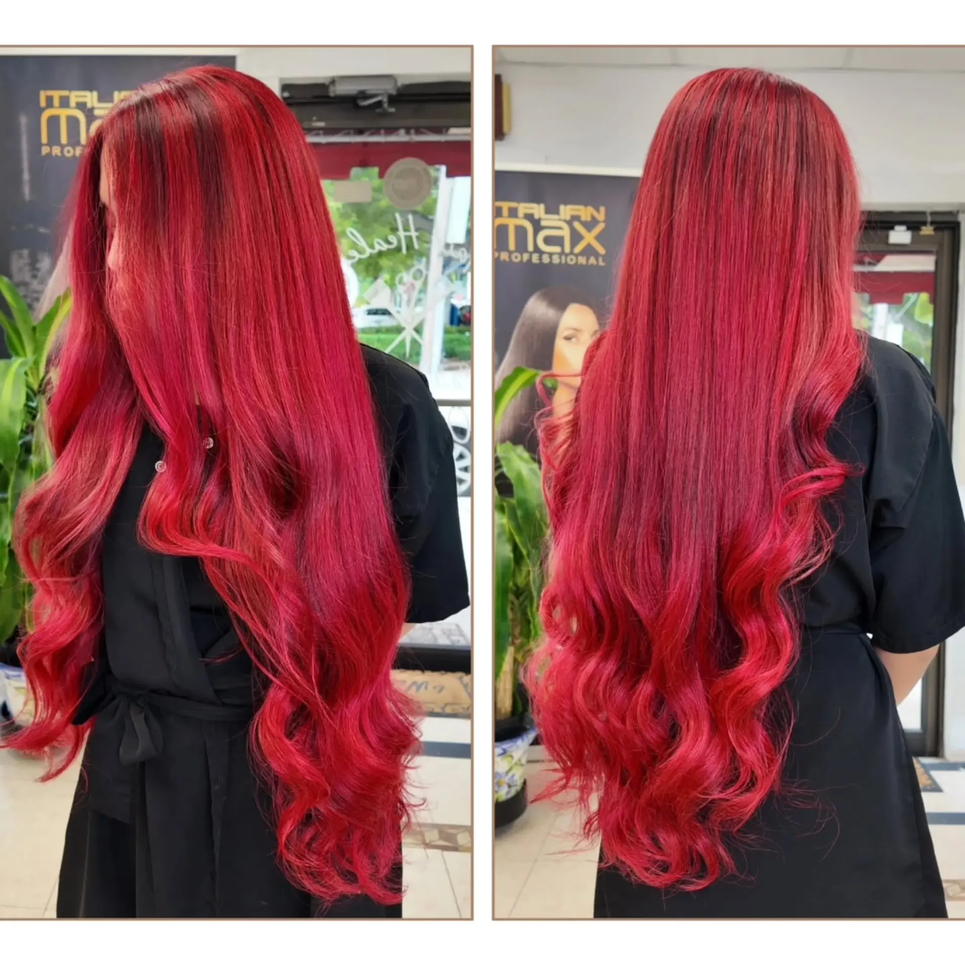 Extra long vibrant cherry red hair with sleek straight mid-lengths and loose curls at the ends. 1
