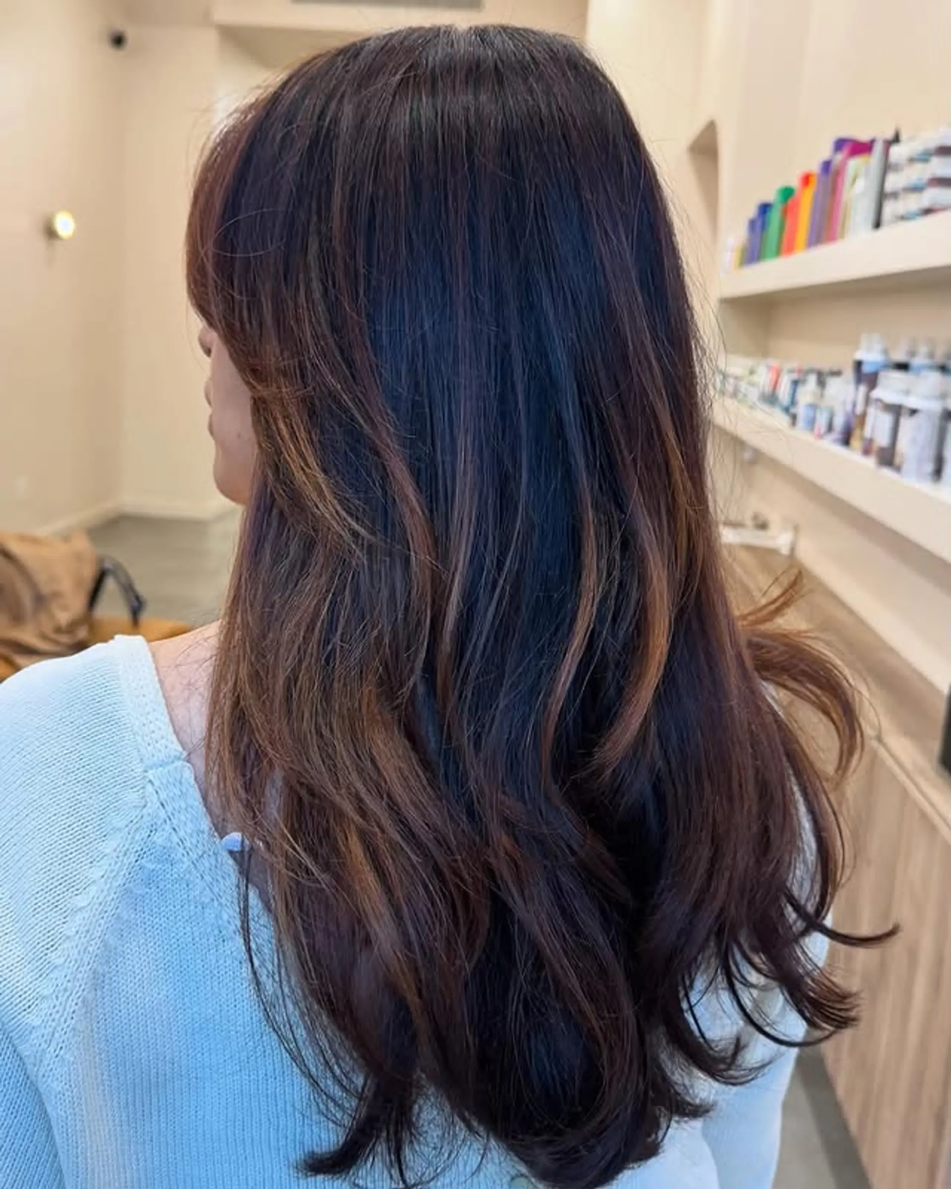 Long layered hairstyle with bronzed dimensional highlights. 1