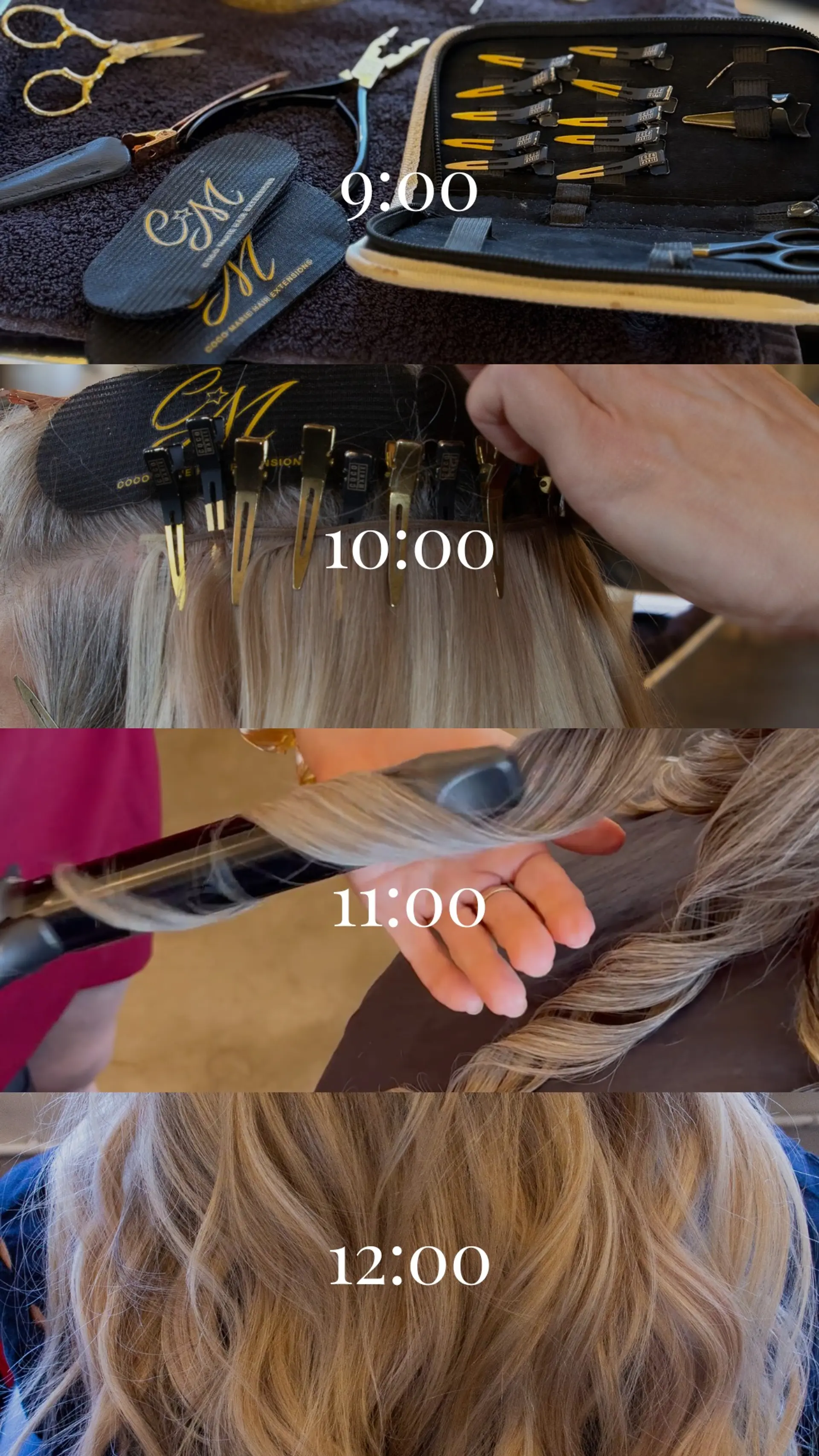 Dimensional blonde hair styled into soft, voluminous waves following a hand-tied extension application. 1