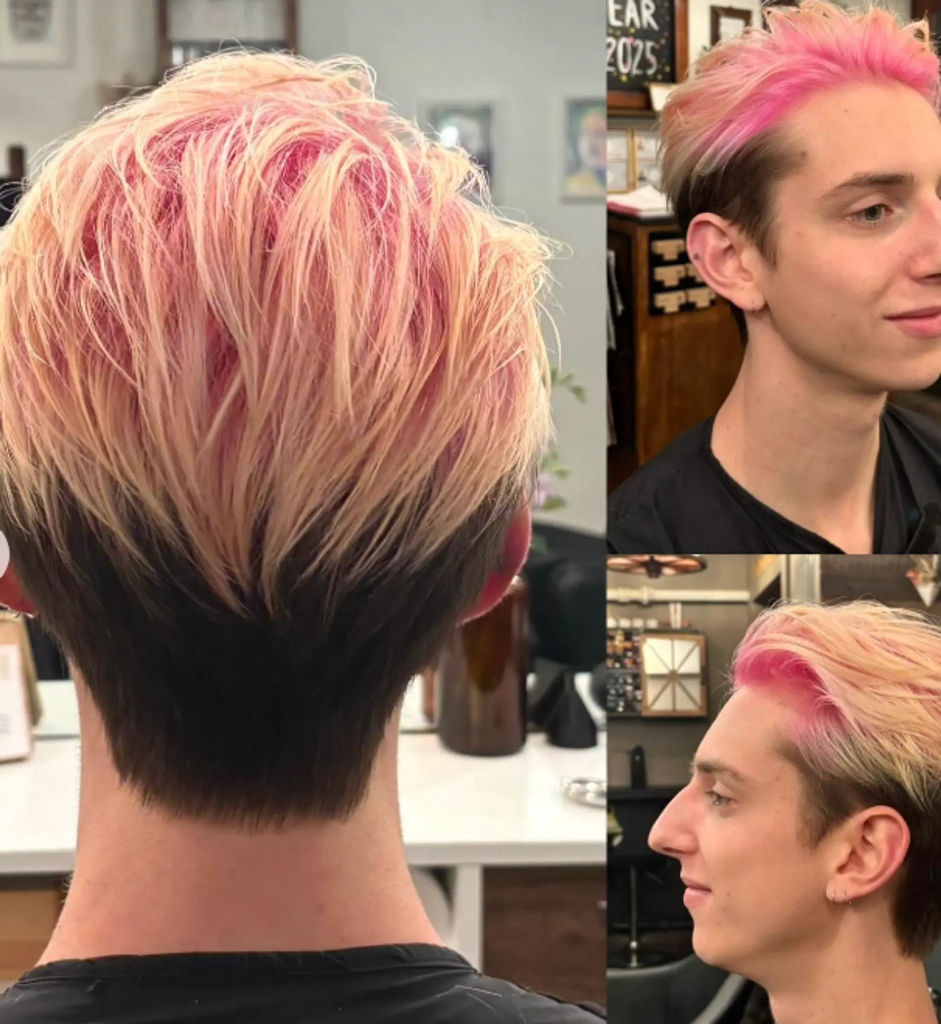 A trendy pixie cut with a reverse balayage, featuring pink roots and brown at the bottom. 1