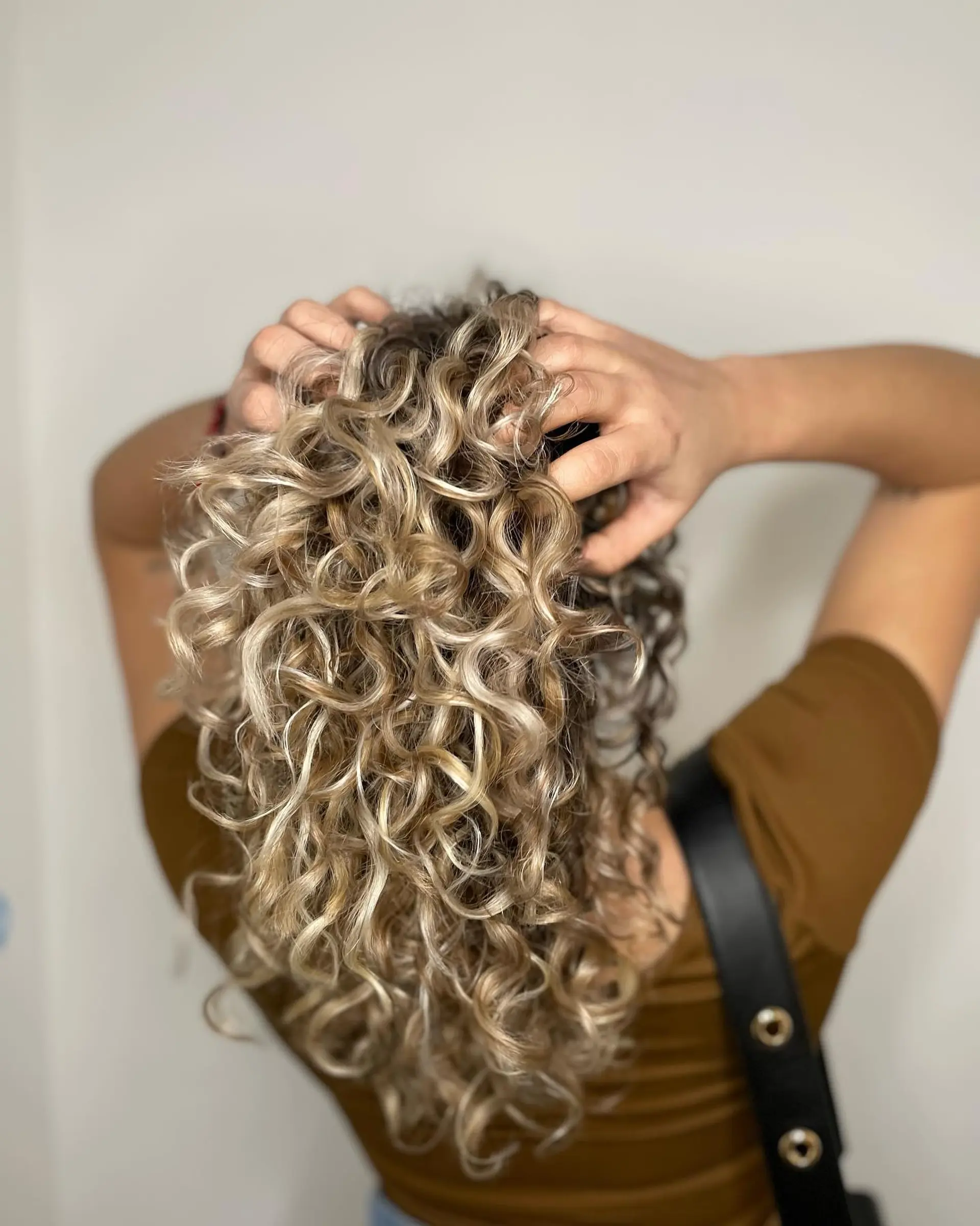 Defined, bouncy curls with dimensional multi-tonal blonde highlights throughout a brunette base. 1