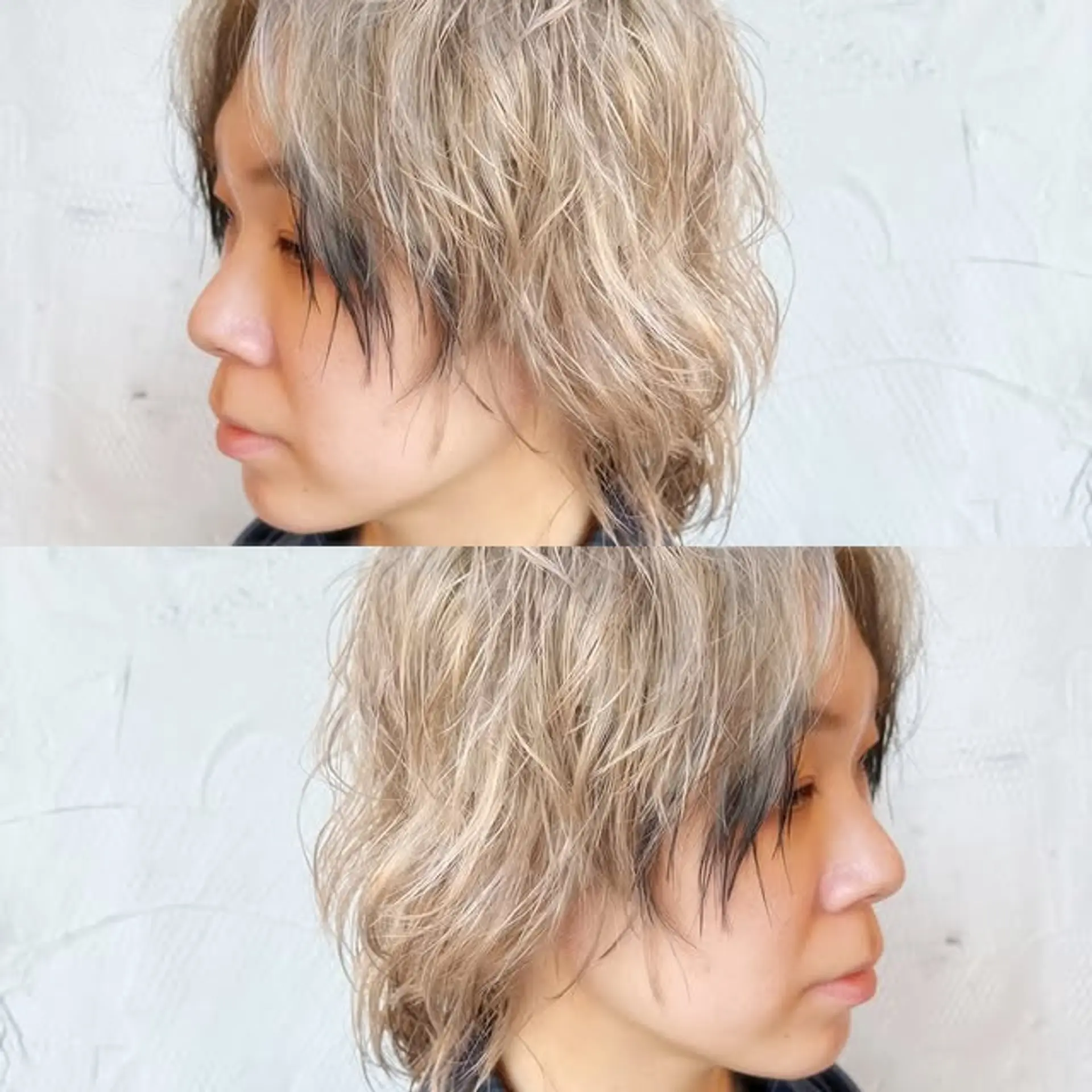 A medium-length, textured bob with platinum blonde and dark roots. 1