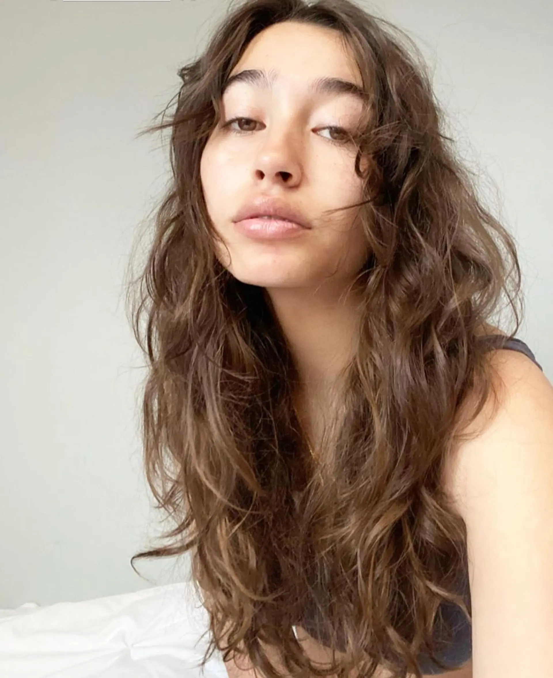 Long, wavy brown hair with natural highlights, featuring messy waves, soft layers, and face-framing tendrils. 3