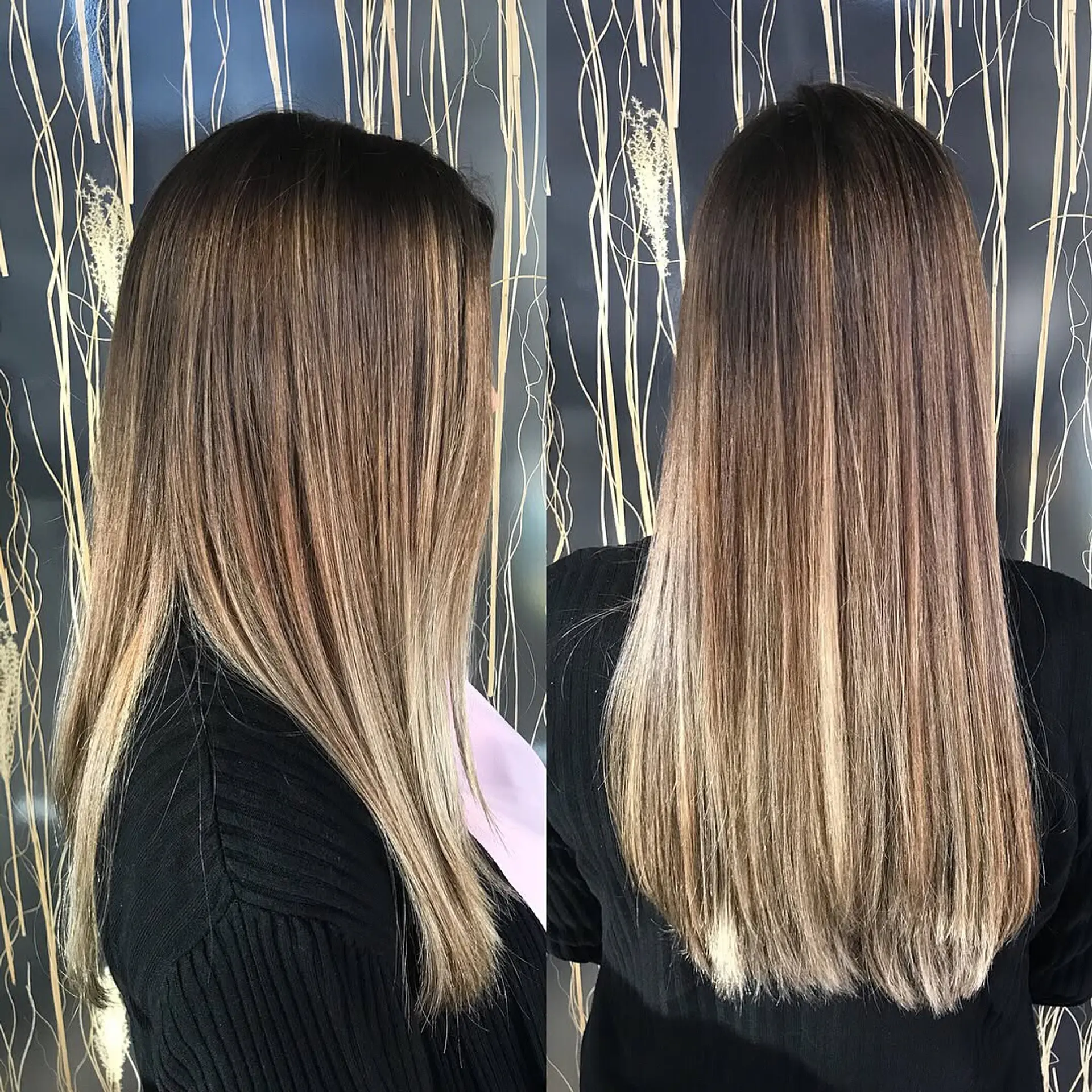 Long, sleek straight hair featuring dimensional balayage highlights and rich lowlights transitioning into cool blonde ends. 1