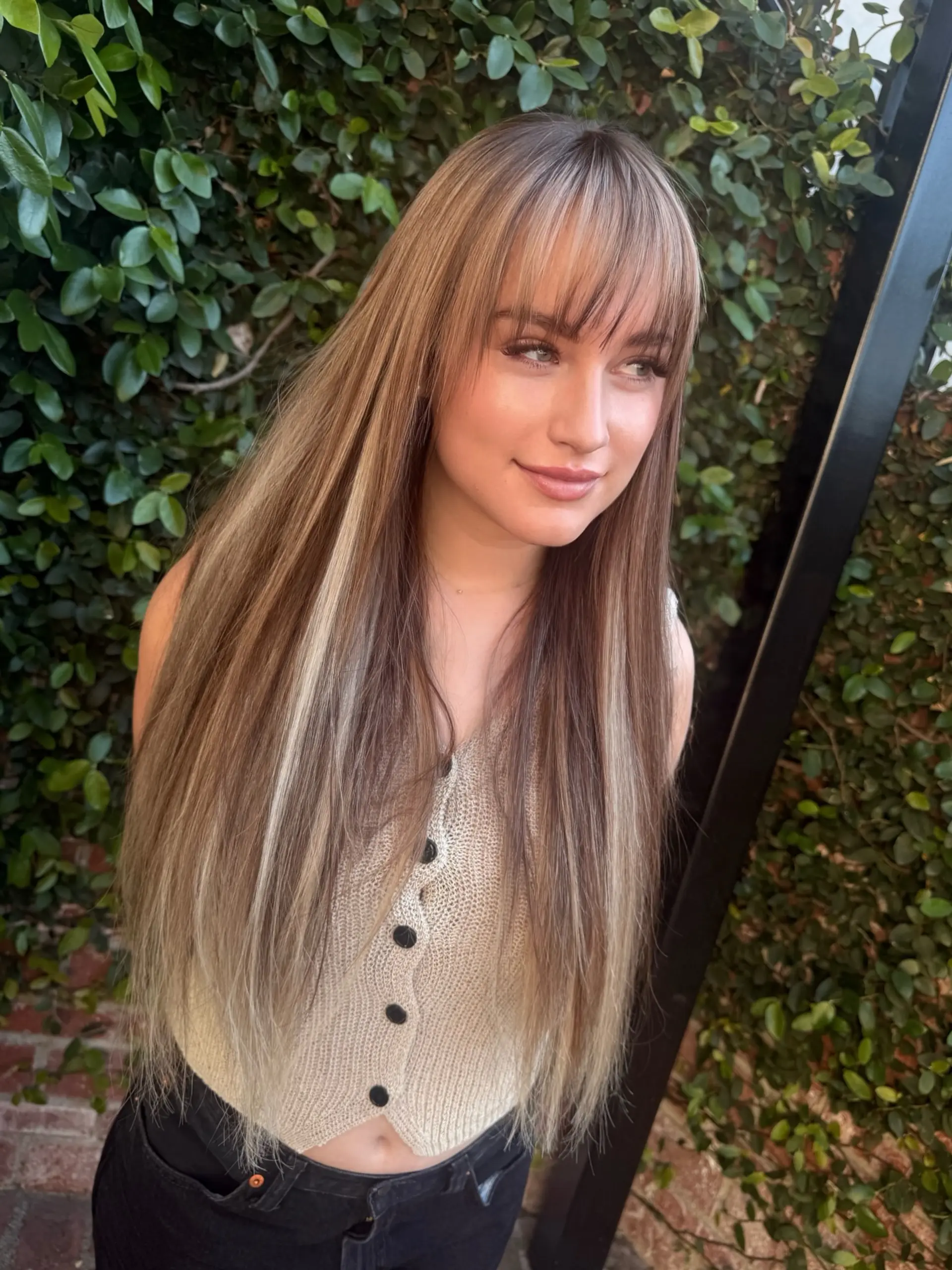 Extra-long, straight dimensional blonde hair featuring full highlights, face-framing ribbons, and wispy bangs. 1