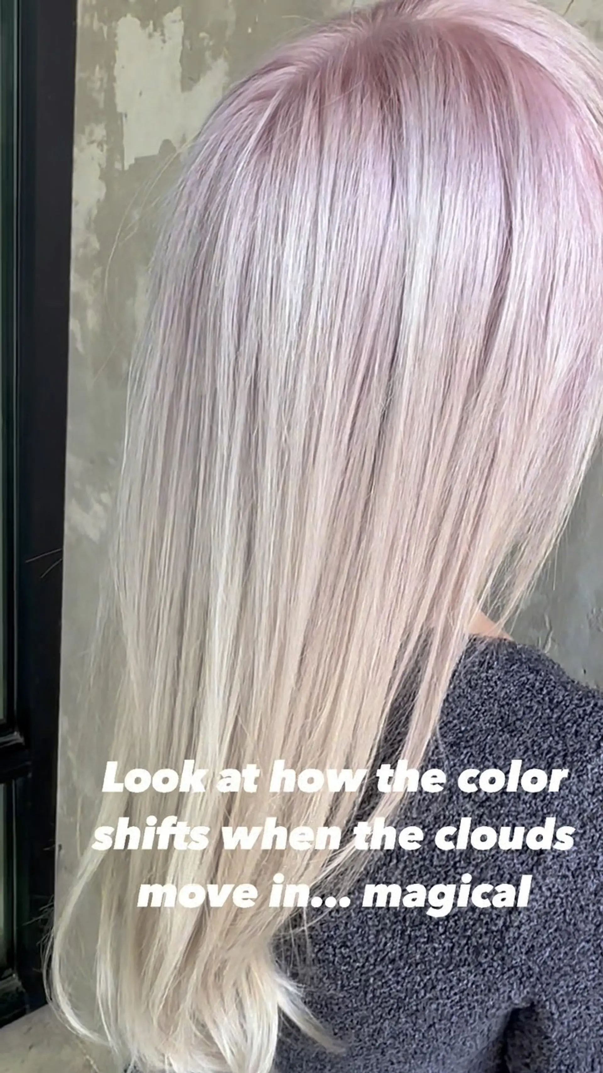 Long, straight platinum blonde hair with a subtle iridescent pearlescent shimmer. 1