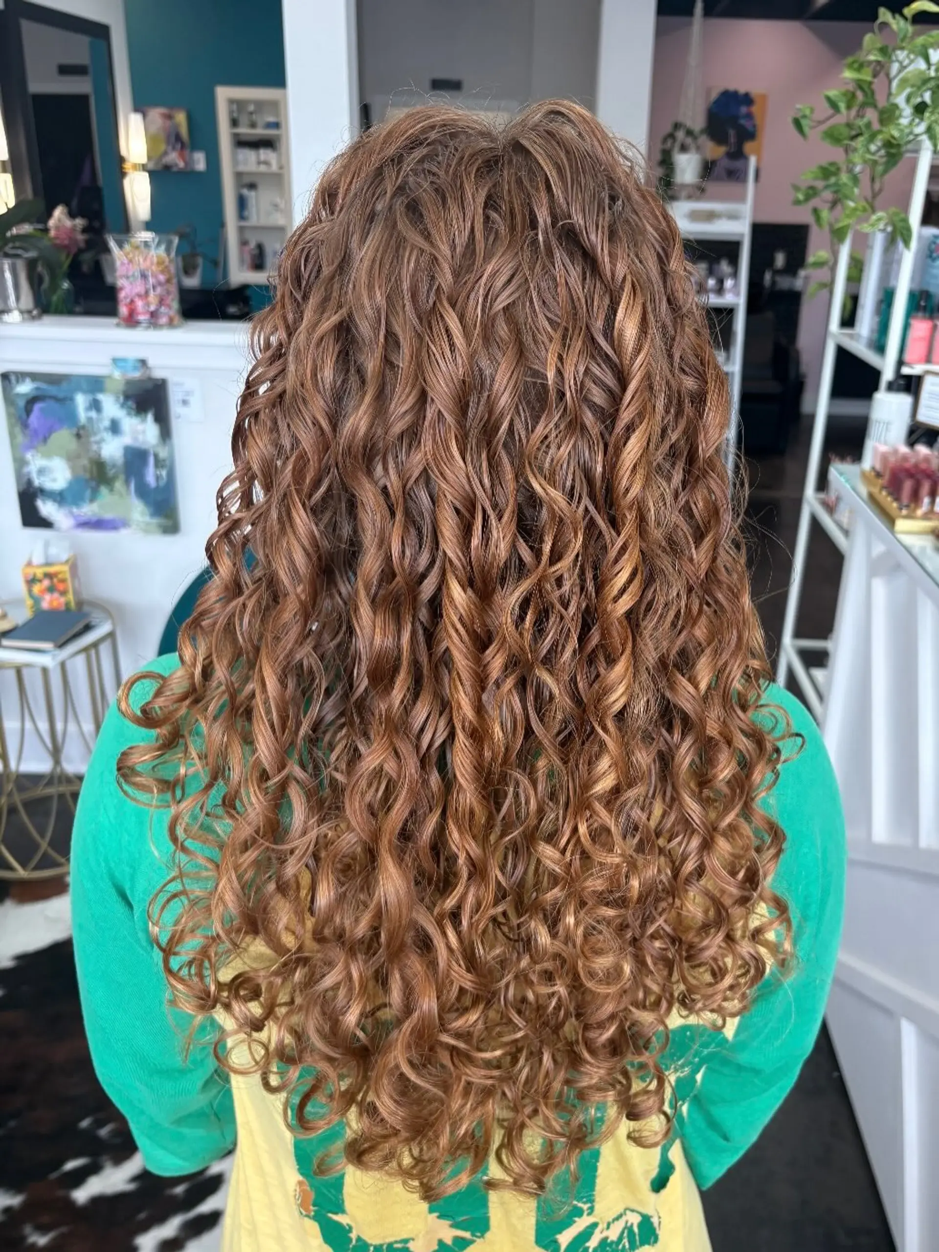 A long, cascading curly haircut styled into bouncy, well-defined spiral ringlets with warm chestnut tones. 1