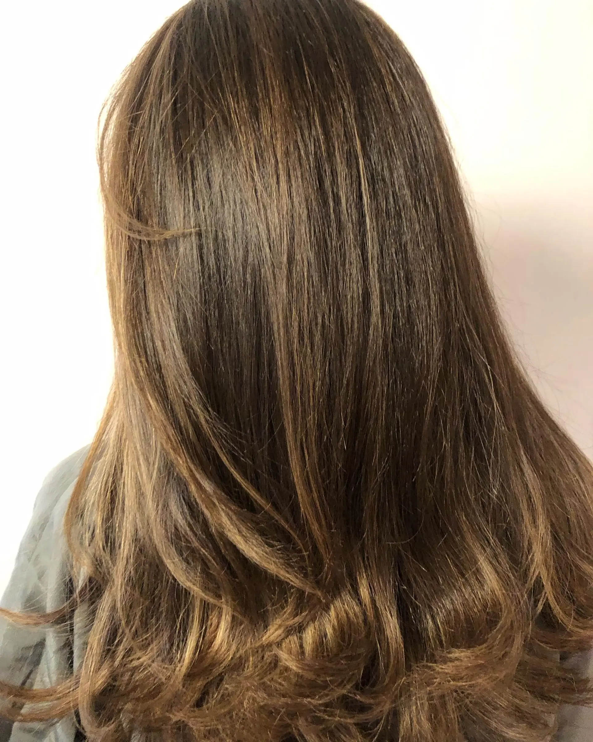 Long chocolate brunette hair with fine, sun-kissed caramel highlights and soft layers styled into a polished blowout with flipped ends. 1
