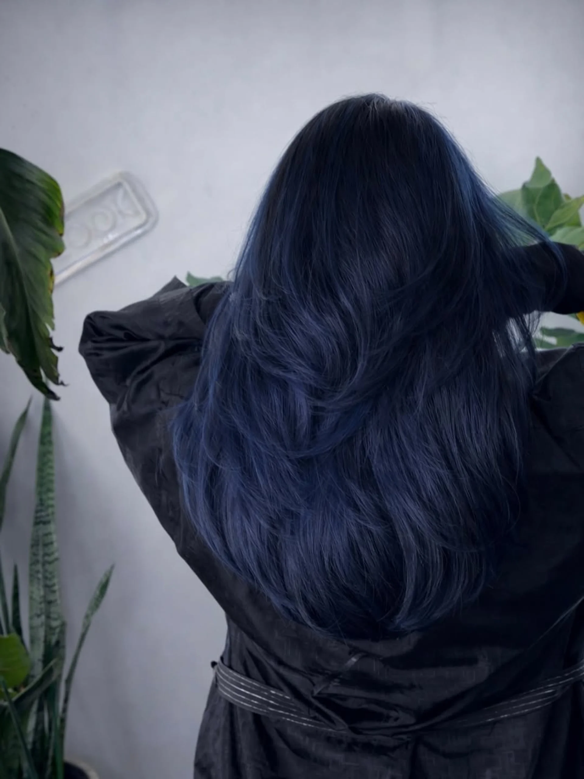 Deep Ocean Blue Wavy Lob with Silver Highlights - Preview 3