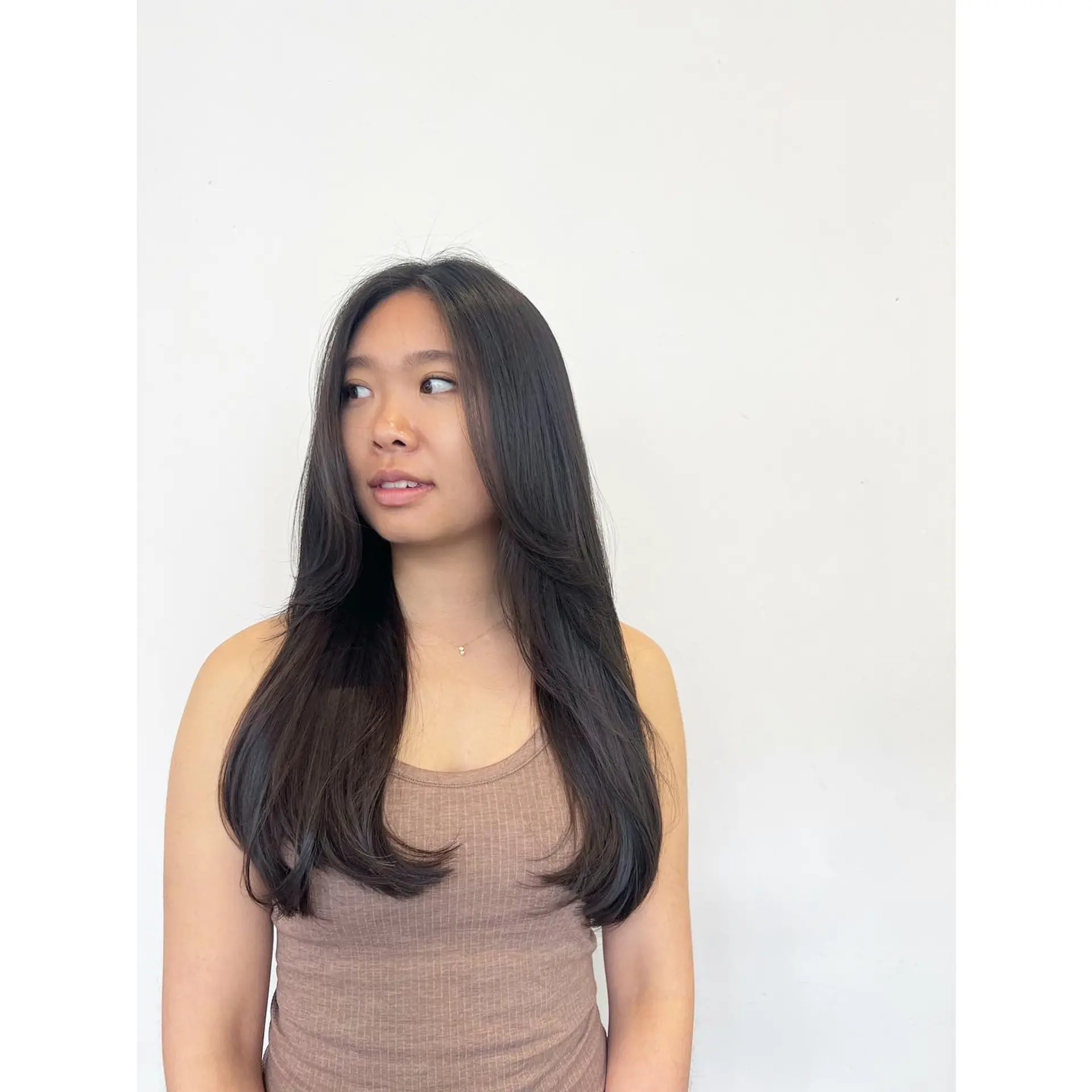 Long, healthy dark hair styled with soft face-framing layers and smooth, softly curled ends. 1