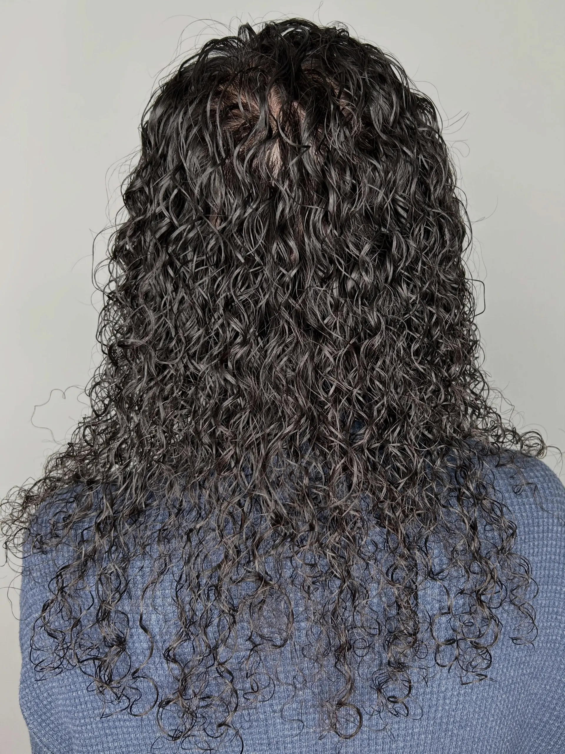 Medium-to-long dark hair styled in defined, tight spiral curls with a textured, damp finish. 1