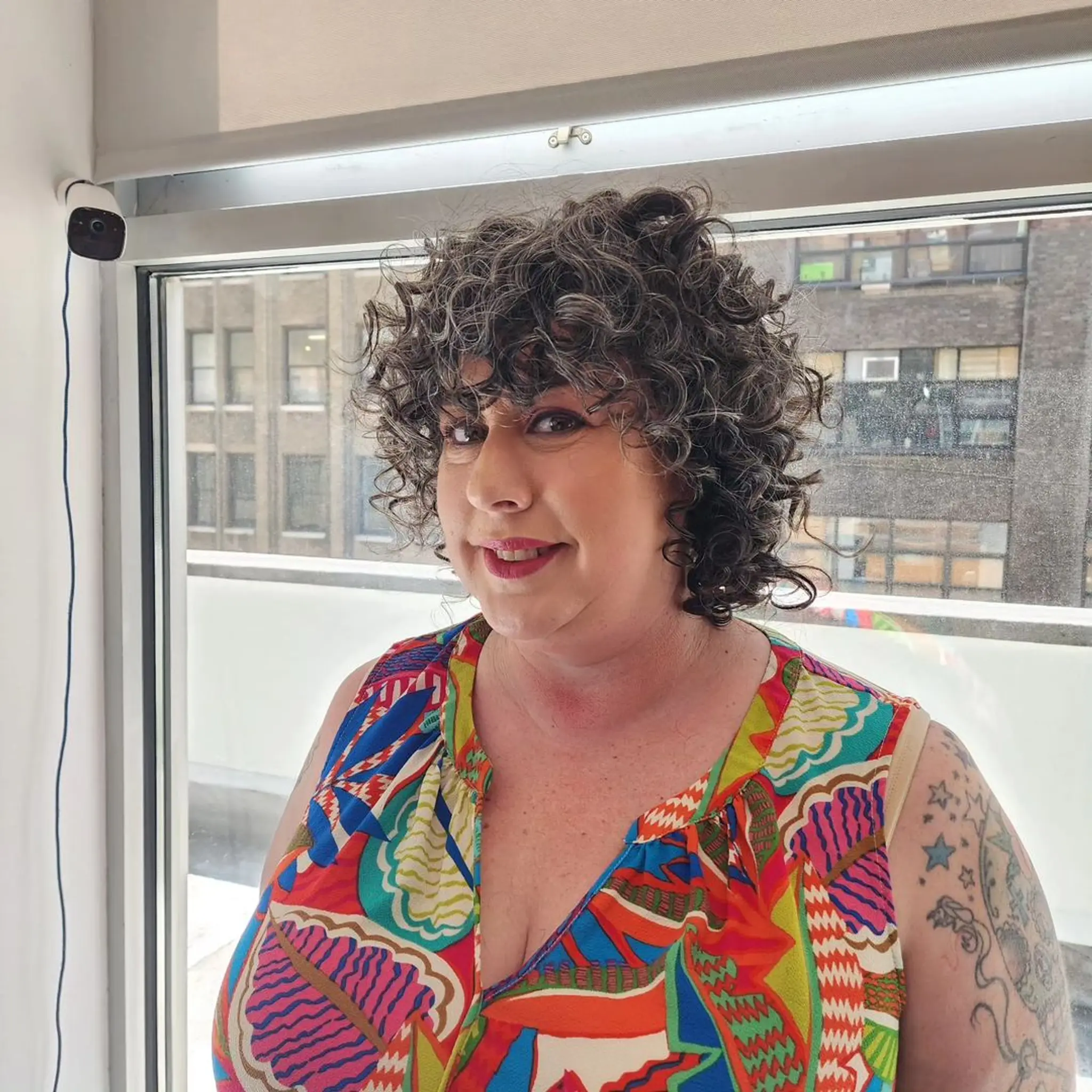 A short curly bob with dark brown hair and gray highlights, featuring natural, voluminous curls and layers for added bounce. 1