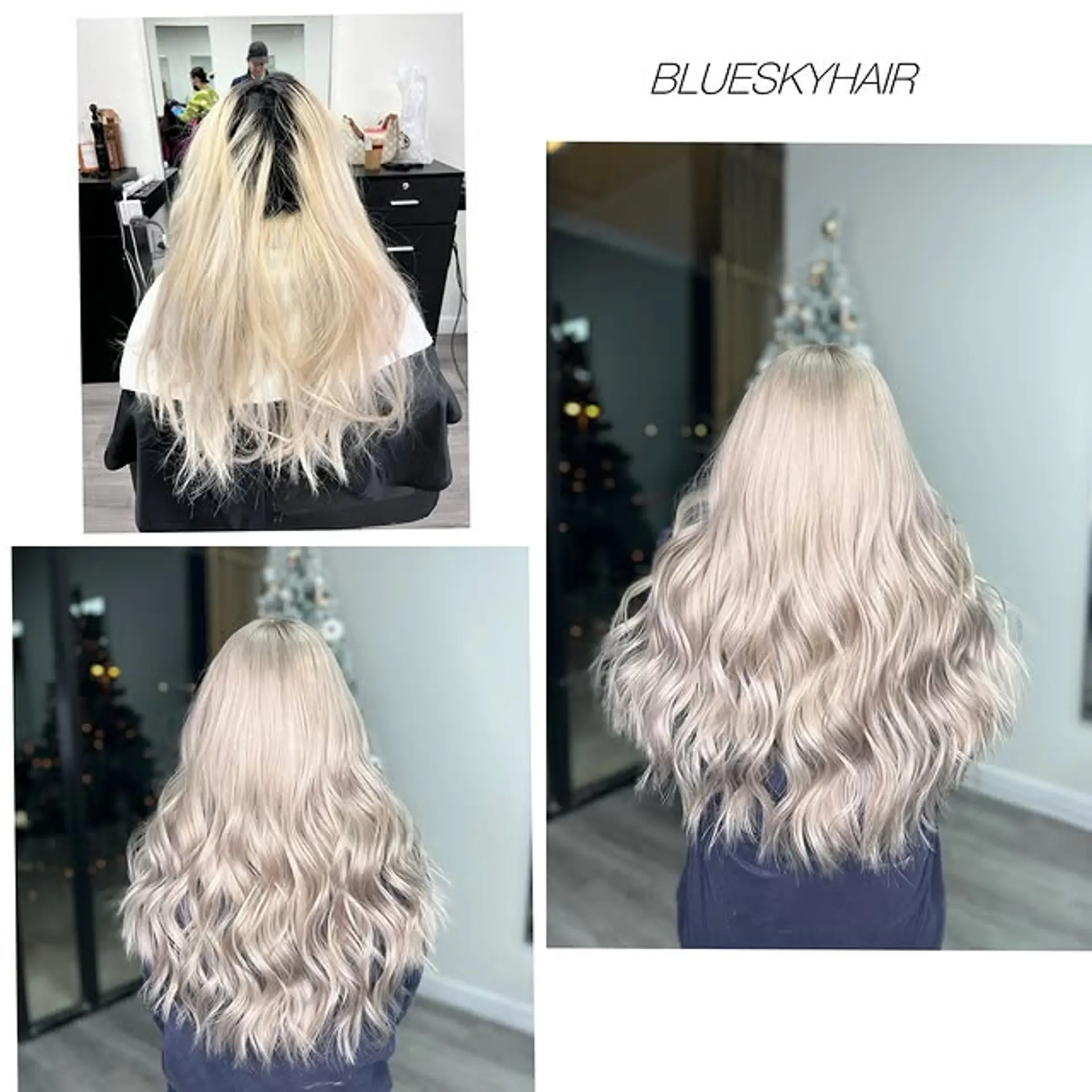 Long wavy hairstyle with a gorgeous icy blonde color and a rooted blonde effect. 1