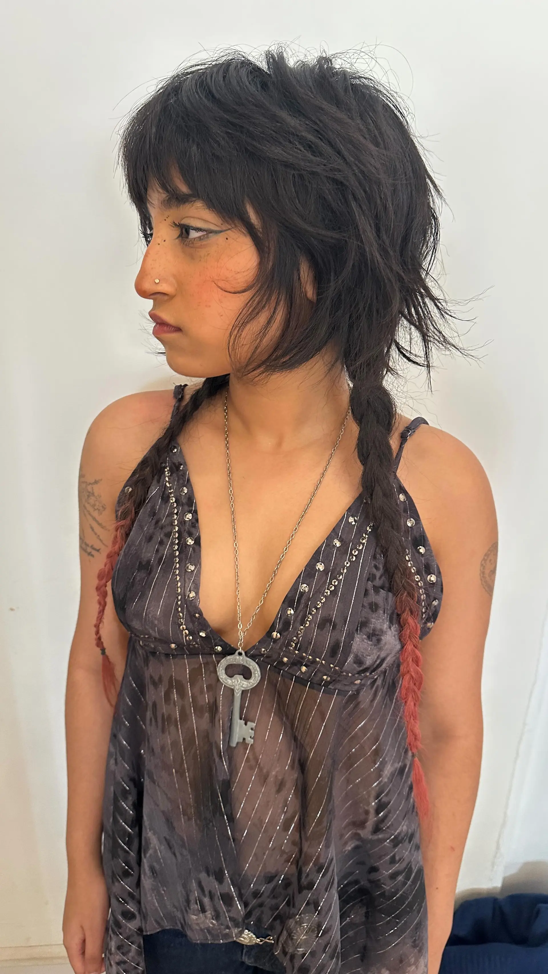 A heavily layered, choppy shag mullet with face-framing fringe, styled with two front accent braids with soft pink tips. 1