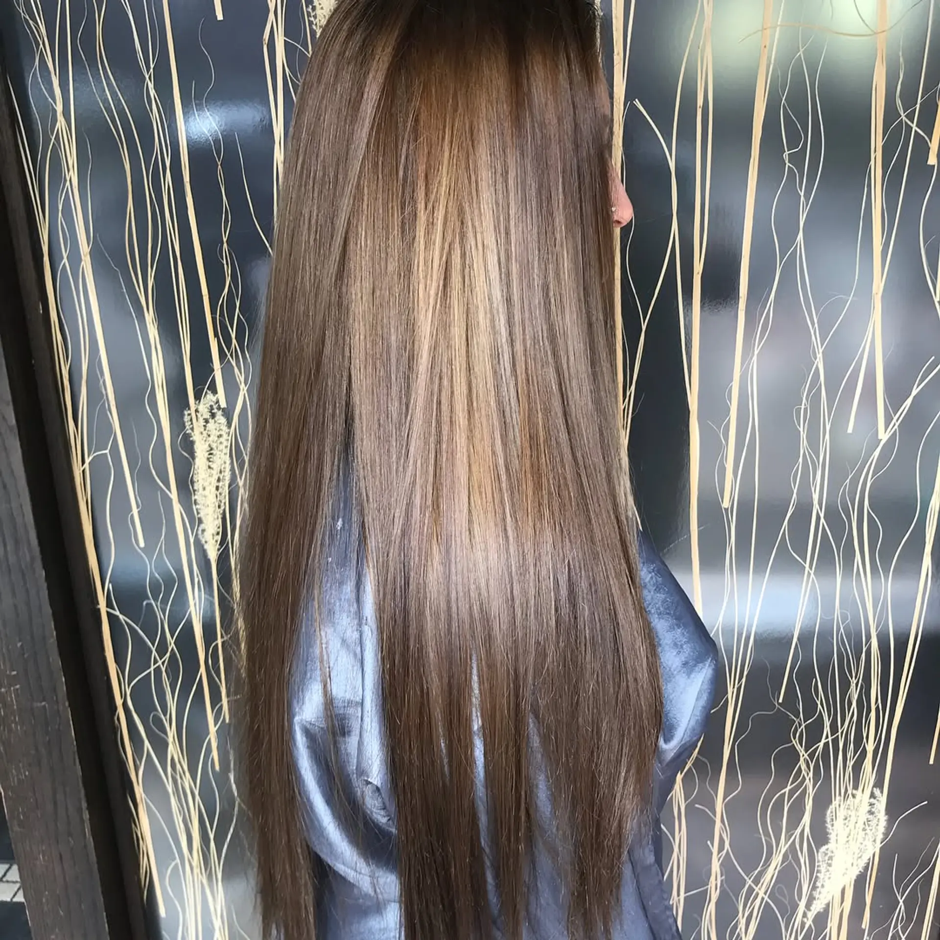 Very long, sleek, straight hair featuring a blend of cool-toned highlights and lowlights. 1