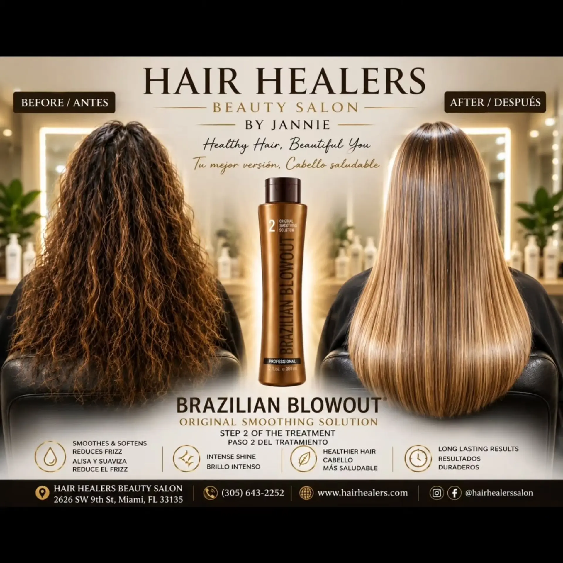 Sleek, glossy straight long hair with dimensional warm blonde highlights following a smoothing treatment. 1