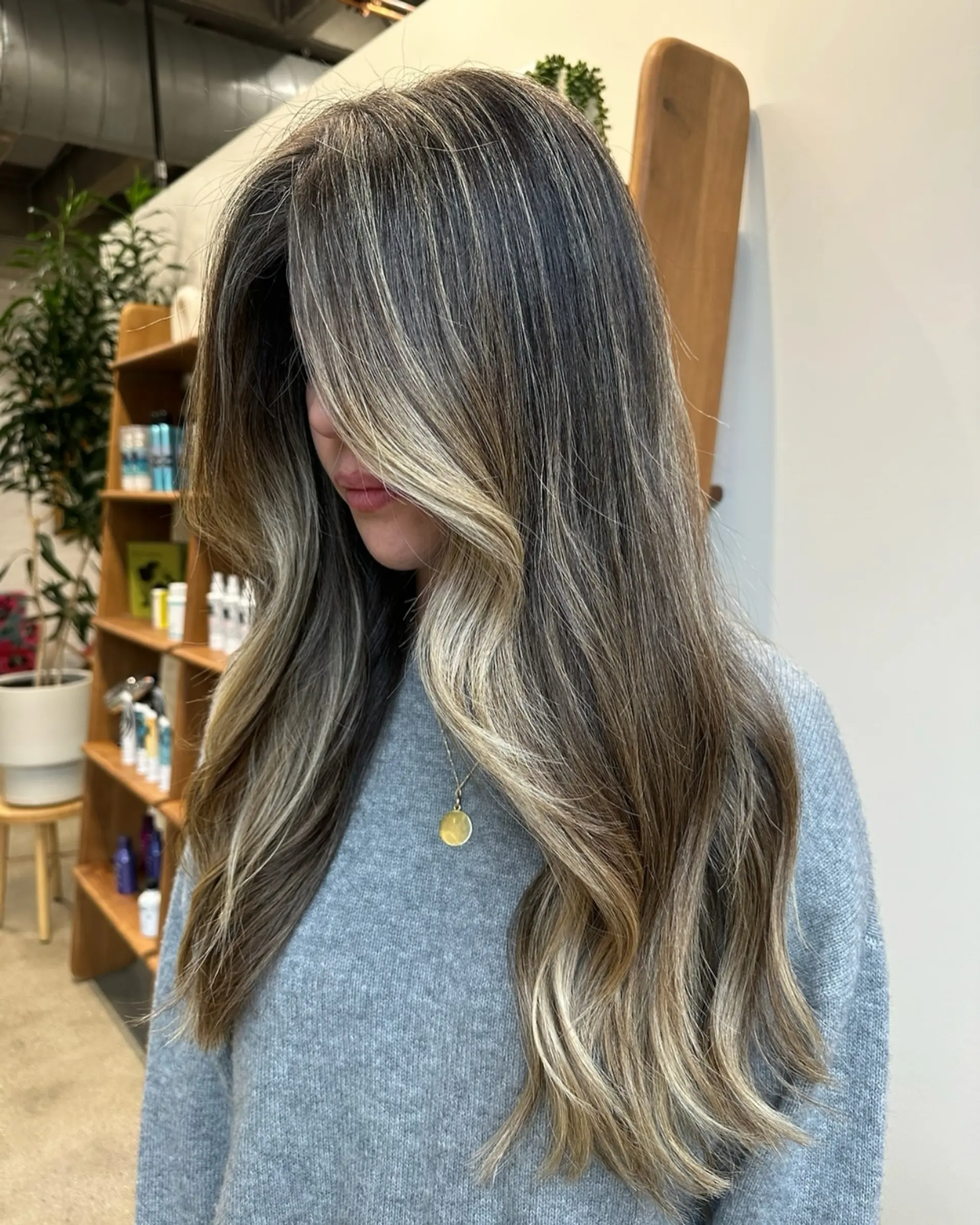 Long, straight hair with caramel blonde ribbon highlights and face-framing layers. 1