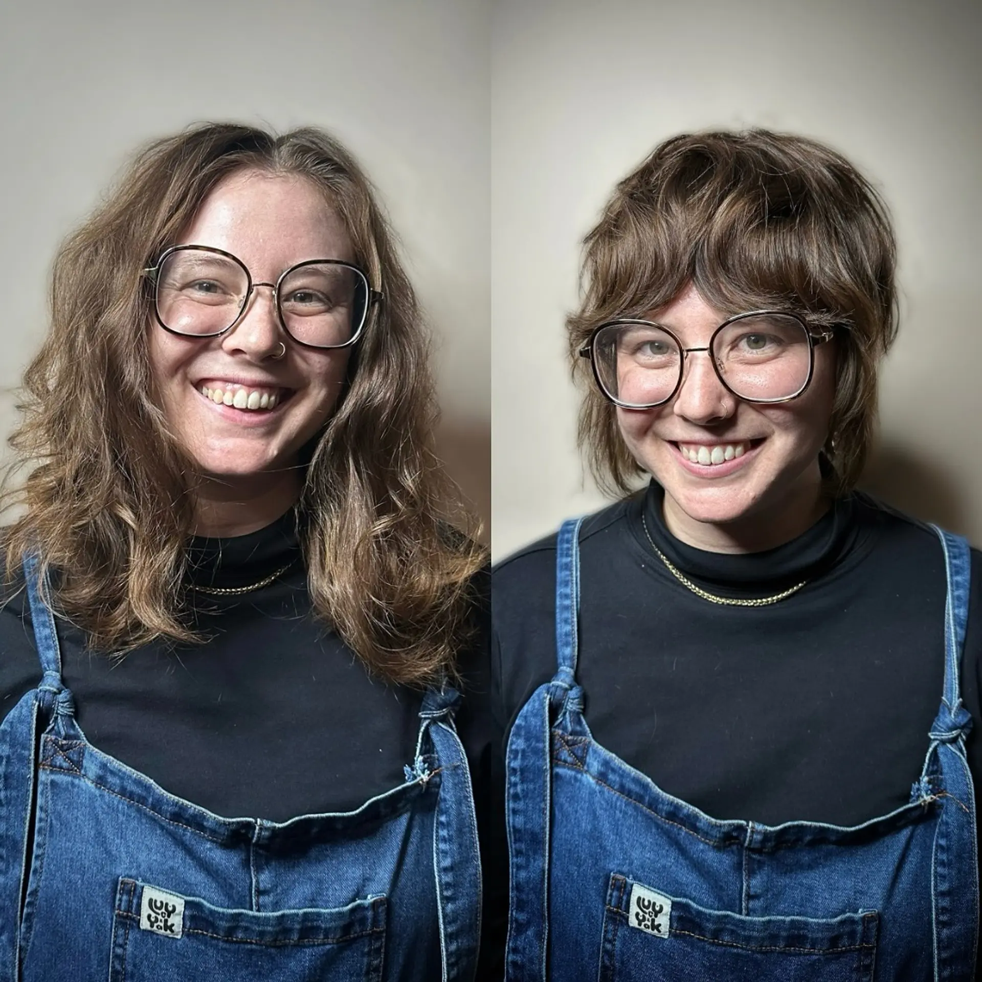 A textured shaggy bixie haircut with piecey brow-skimming fringe and soft, tousled layers framing the face. 1