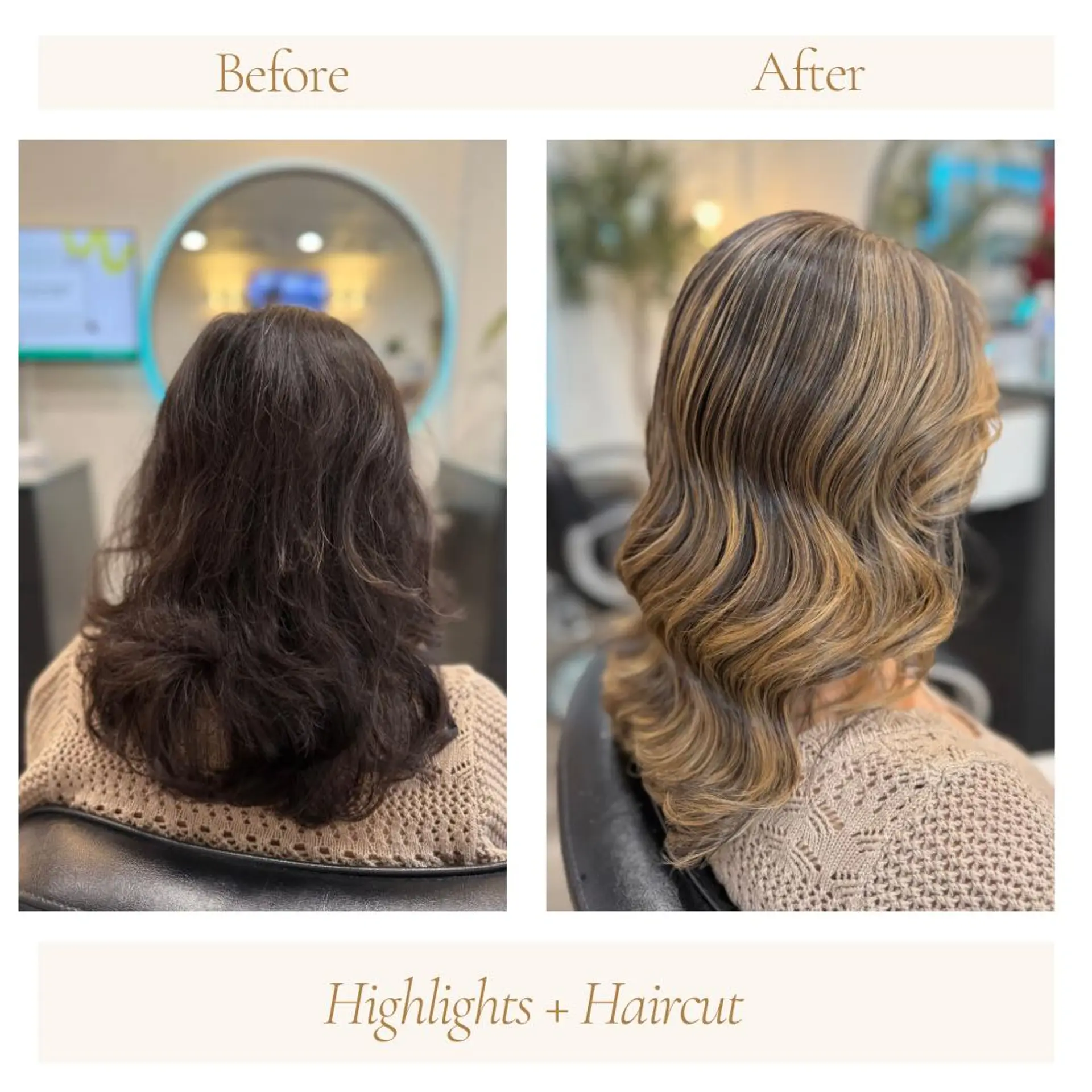 Medium-length dark hair transformed with fine caramel and golden highlights, styled into glossy S-pattern waves. 1