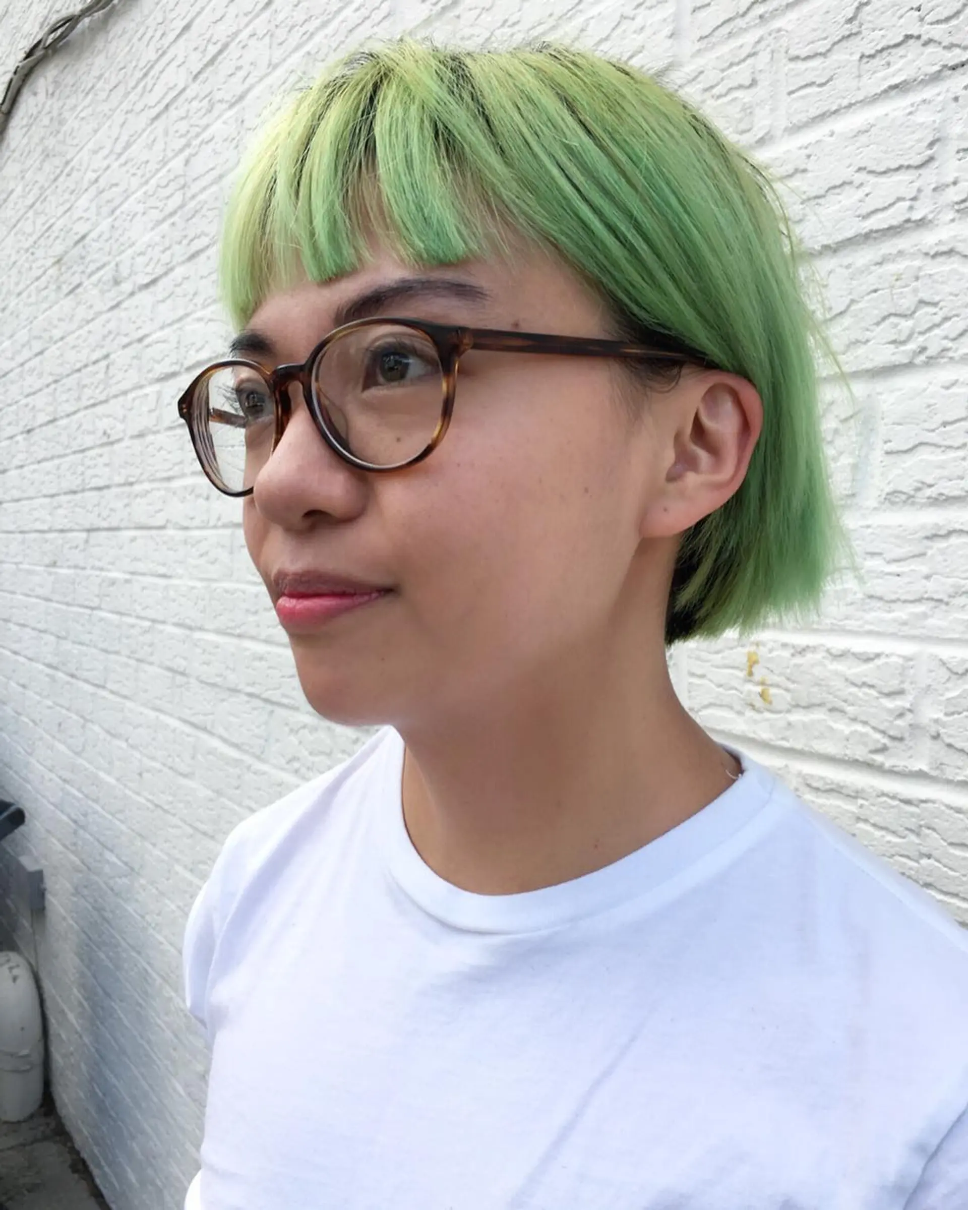 Vibrant green, straight hair cut into a sleek short bob with a blunt fringe, offering an edgy and modern look. 1