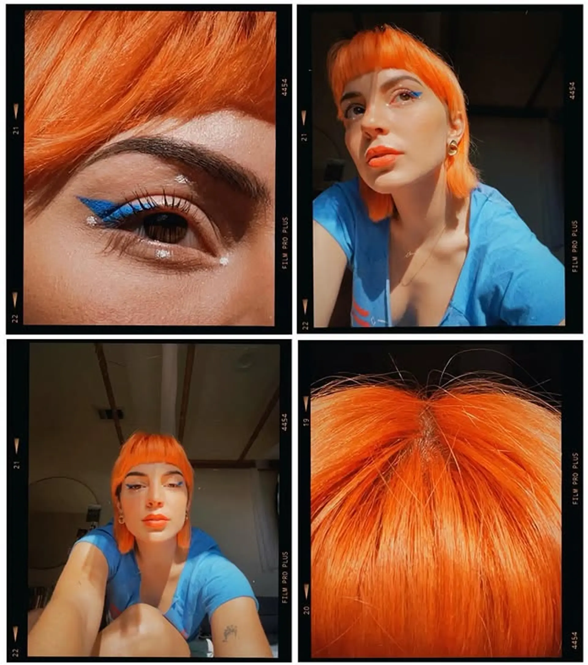 A short, blunt bob with straight bangs, colored in a vibrant orange. 1
