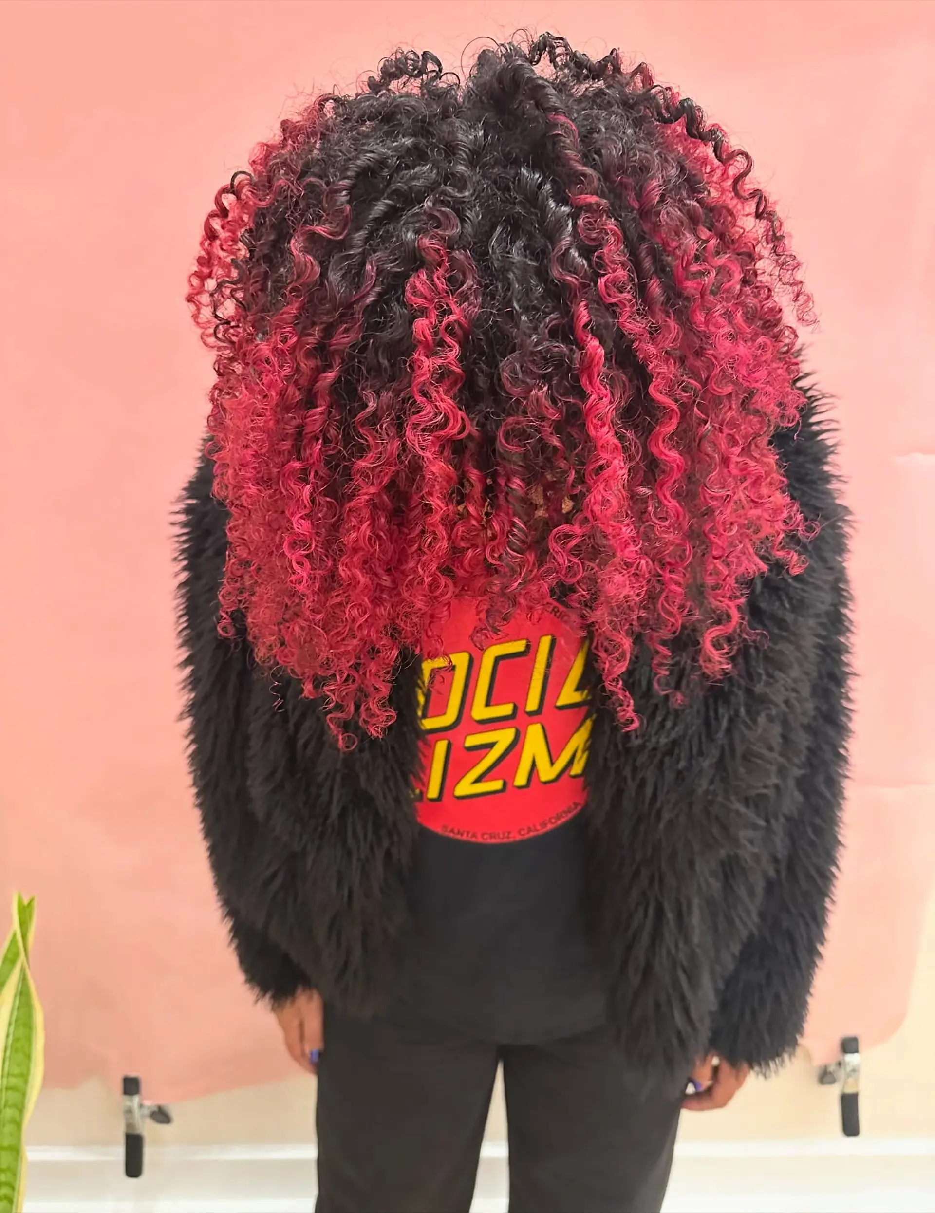 Defined, voluminous spiral curls featuring bold magenta-pink balayage highlights contrasted against a dark natural base. 1